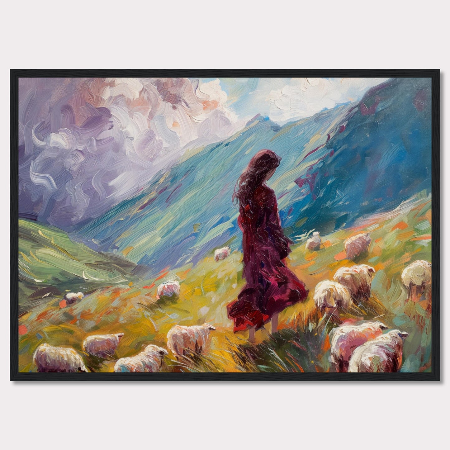 This captivating painting portrays a serene pastoral scene where a woman in a flowing red dress stands amidst a flock of sheep on a vibrant, rolling hillside. The background features dramatic, swirling clouds and lush green mountains, creating a sense of tranquility and connection with nature.