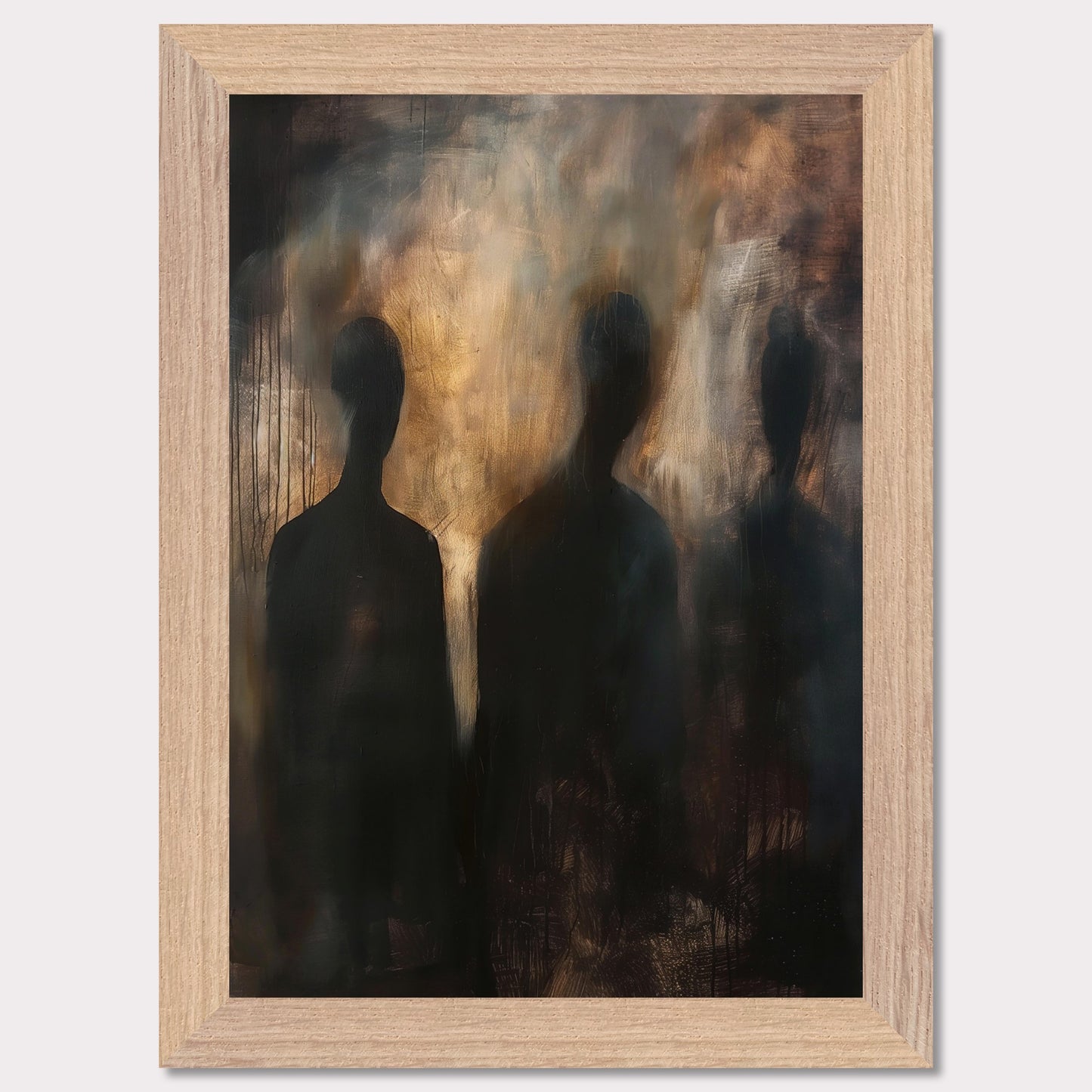 This evocative painting features three shadowy figures set against a smoky, abstract background. The use of dark and muted tones creates a mysterious and haunting atmosphere, inviting viewers to contemplate the unknown. The blending of colors and indistinct forms evoke emotions of intrigue and curiosity.