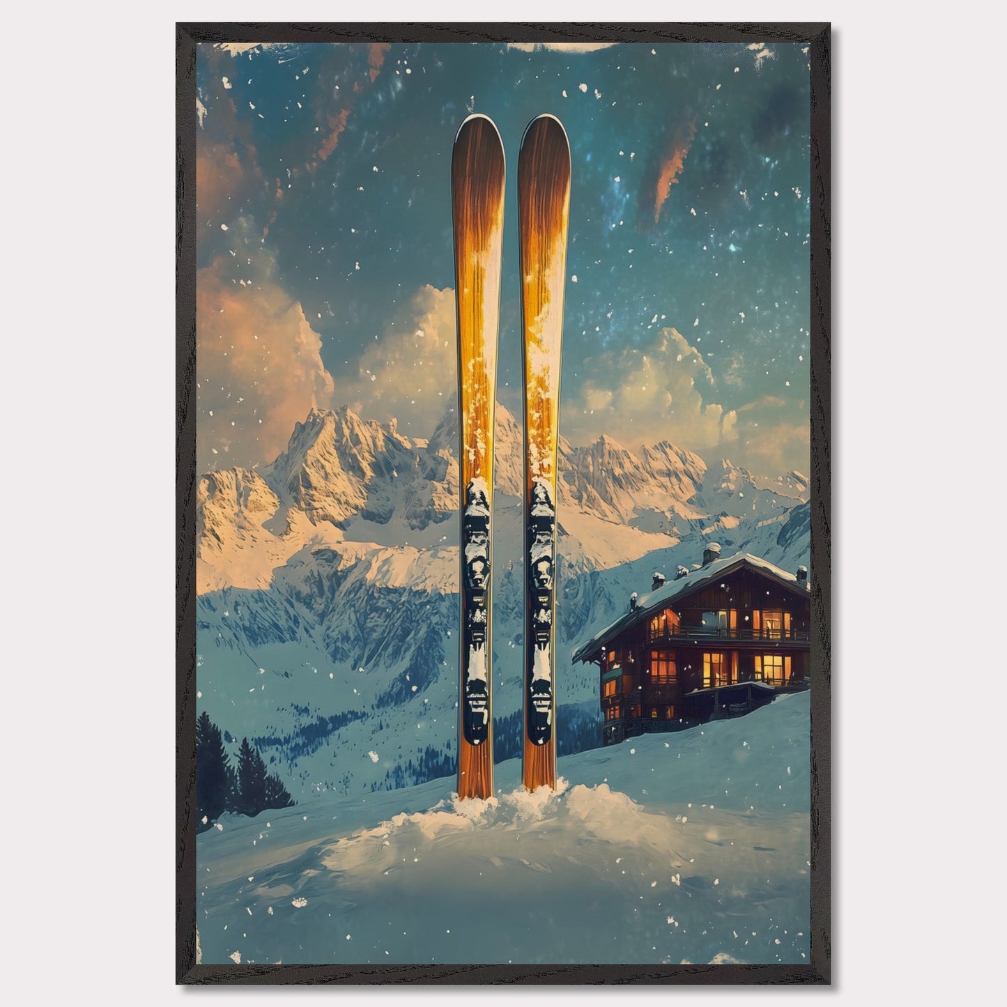 This enchanting poster portrays a serene winter scene with a skier gracefully gliding through untouched snow. The tranquil beauty of the snowy landscape, combined with the soft hues of a setting sun, creates an atmosphere of peace and connection with nature. The minimalistic style emphasizes simplicity and elegance.