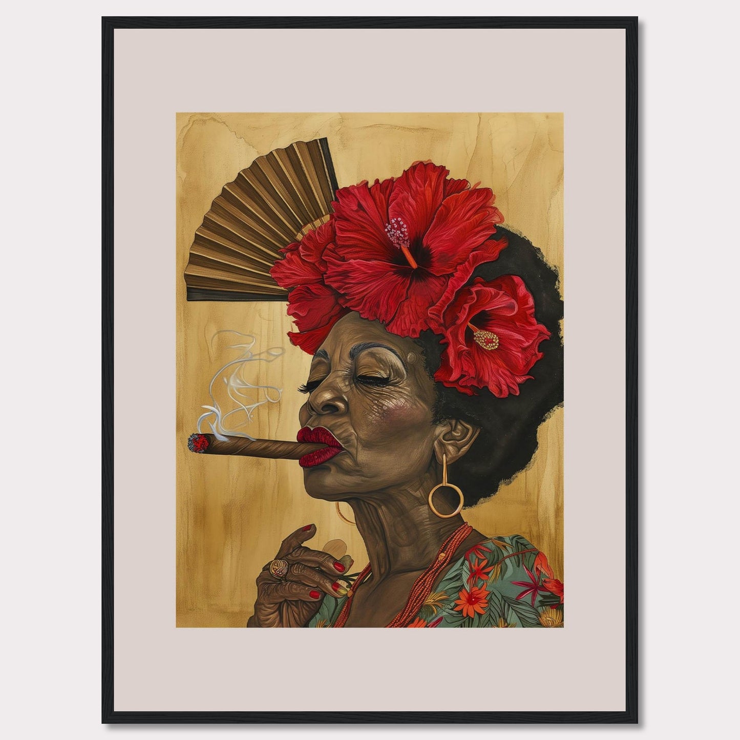 This captivating artwork features a dignified elderly woman smoking a cigar, adorned with vibrant red hibiscus flowers in her hair. Behind her, a traditional hand fan adds a touch of cultural elegance to the scene. The rich colors and intricate details bring out her character and grace.