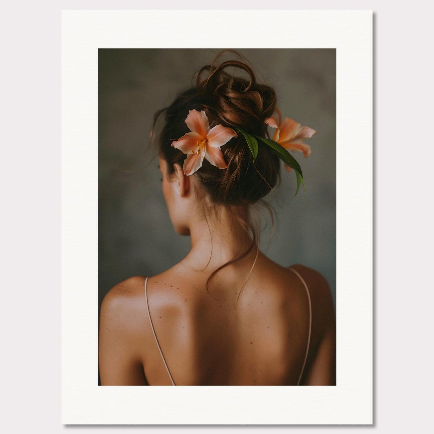 This illustration depicts a woman viewed from behind, with her hair styled in an elegant updo adorned with two peach-colored flowers and green leaves.

This poster would fit well in a bedroom, living room, or any space that benefits from a touch of elegance and natural beauty.