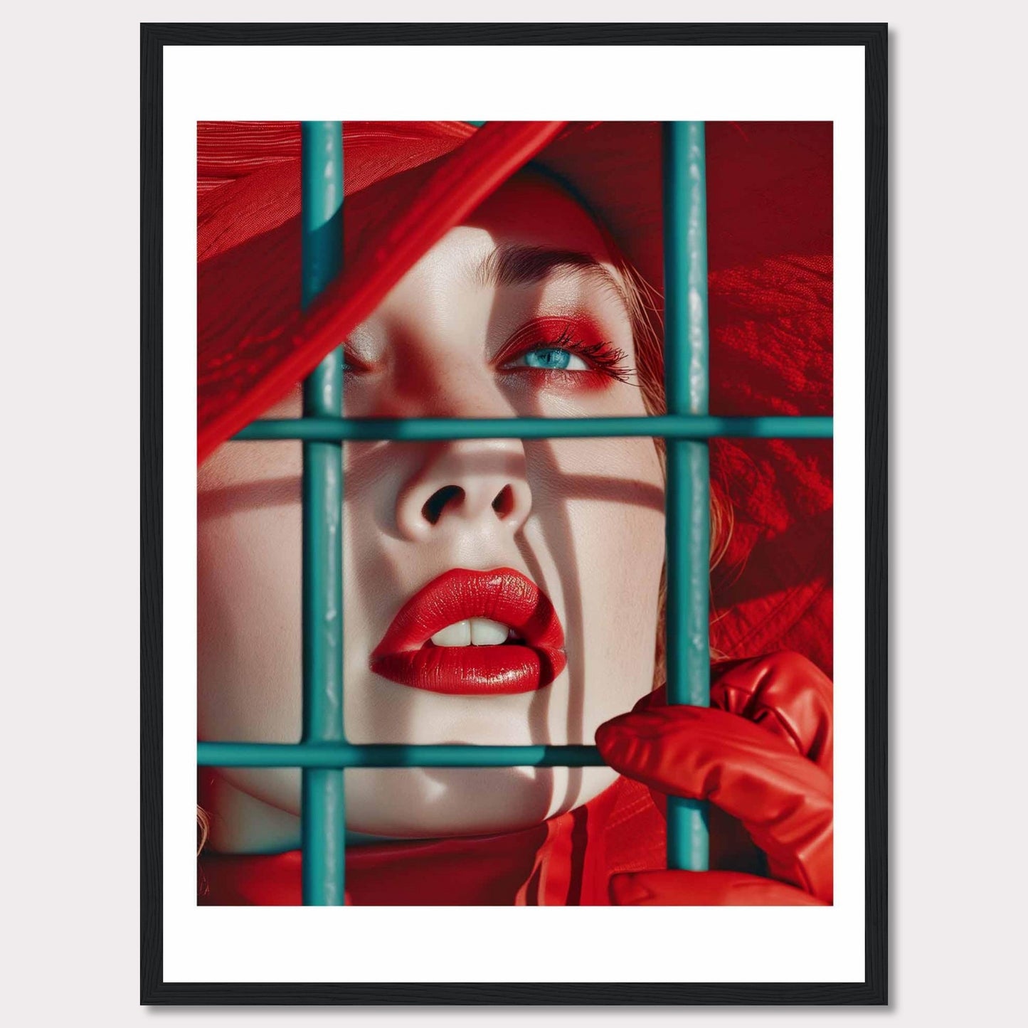 This striking portrait captures a close-up of a woman's face, emphasizing her vibrant red lips and eye makeup. She is framed behind teal bars, adding a sense of intrigue and contrast to the image. The vivid red hat and gloves complement her makeup, creating a bold and captivating visual. This artwork evokes a sense of mystery and allure.