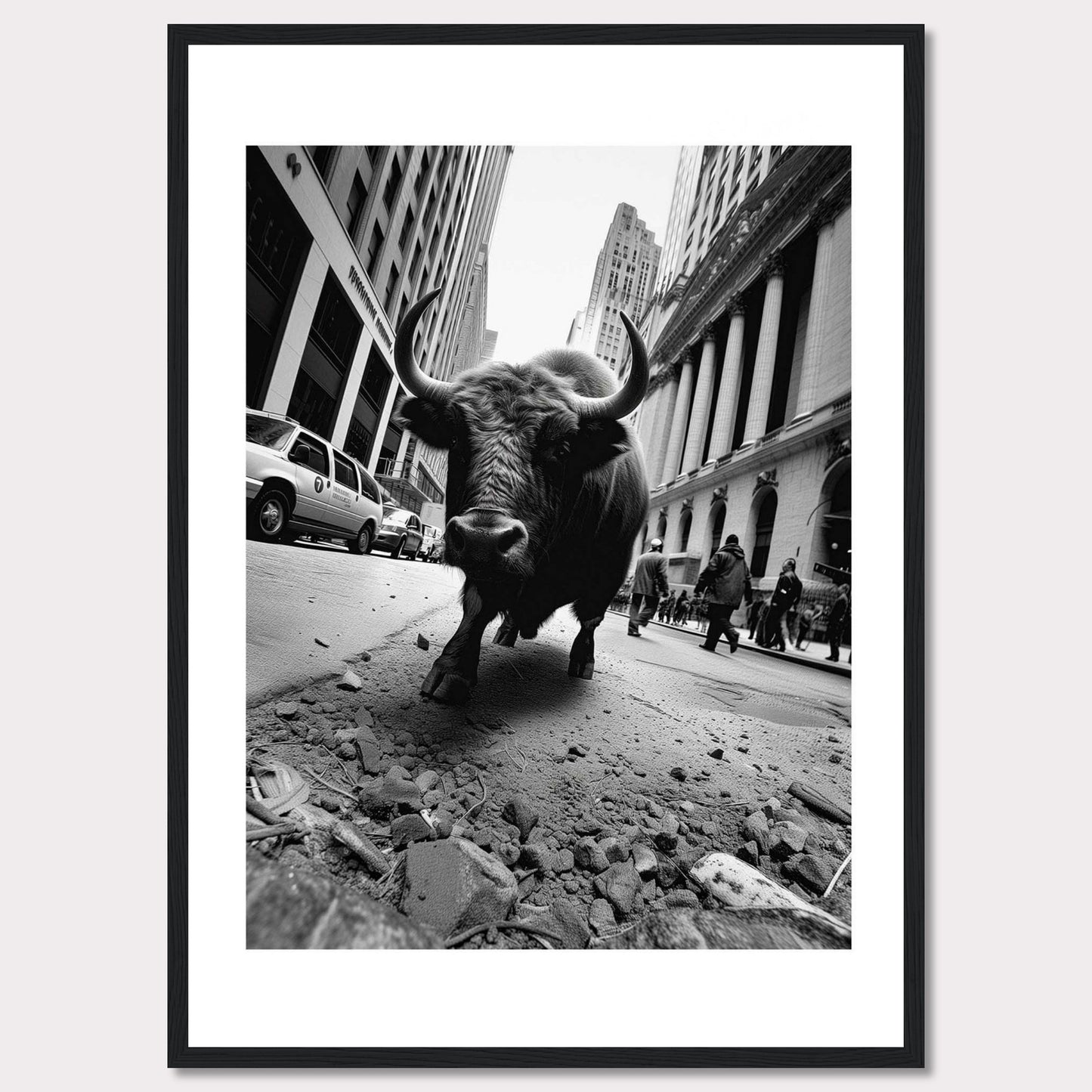 This striking black-and-white photograph captures a powerful bull striding confidently down a bustling city street. The image juxtaposes the raw strength of the bull against the backdrop of towering skyscrapers and busy pedestrians, creating a dramatic and thought-provoking scene.