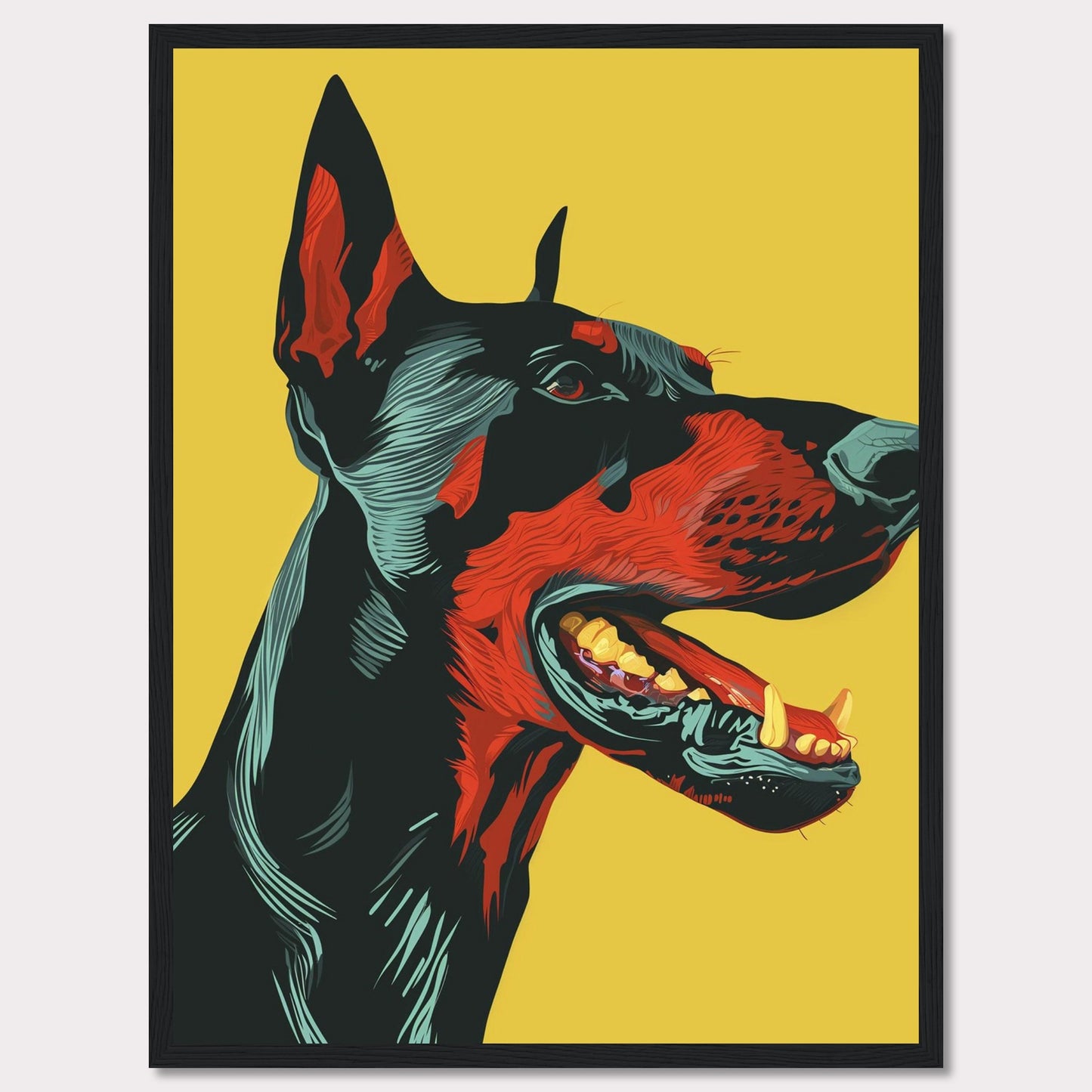 This vibrant artwork features a striking, stylized portrait of a Doberman against a bold yellow background. The detailed illustration showcases the dog's fierce expression with vivid red and black hues, emphasizing its strong and dynamic presence. The piece is framed in a sleek black border, enhancing its modern aesthetic.