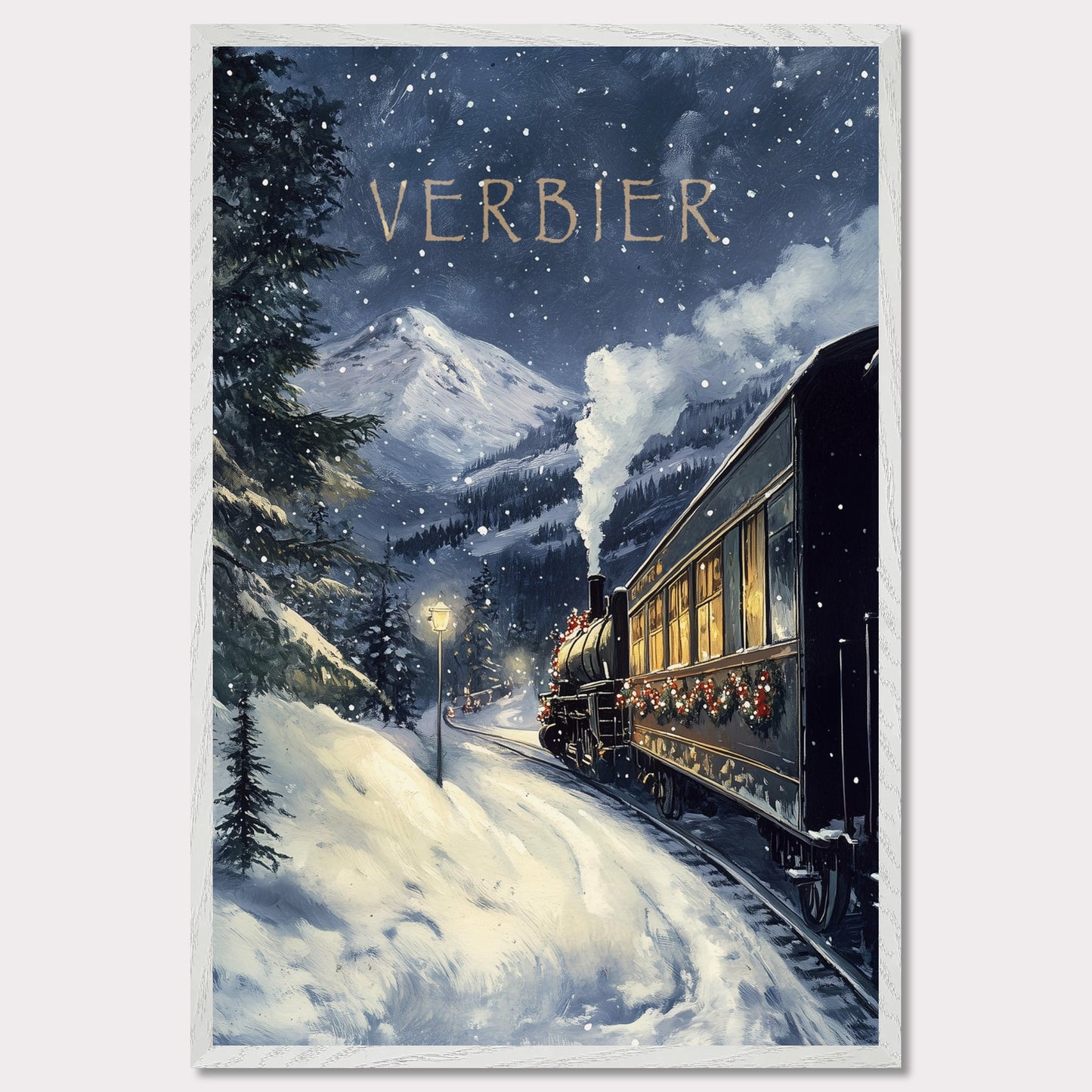 This charming, vintage-inspired poster transports you to a winter wonderland in Verbier, as a steam train adorned with festive decorations winds its way through a snowy mountain landscape. The warm glow from the train’s windows contrasts beautifully with the cool, snowy surroundings, creating a nostalgic and inviting atmosphere. The gentle snowfall and the towering mountain peaks in the background complete the serene yet adventurous feel of this picturesque winter journey.