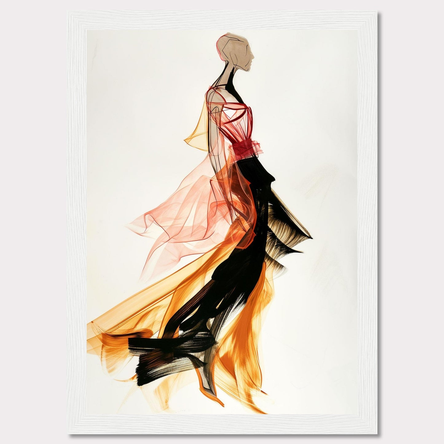 This captivating artwork showcases a fashion illustration of a figure in a flowing, vibrant dress. The dress features dynamic colors and textures, blending red, orange, and black hues. The abstract style and fluid lines create a sense of movement and elegance.