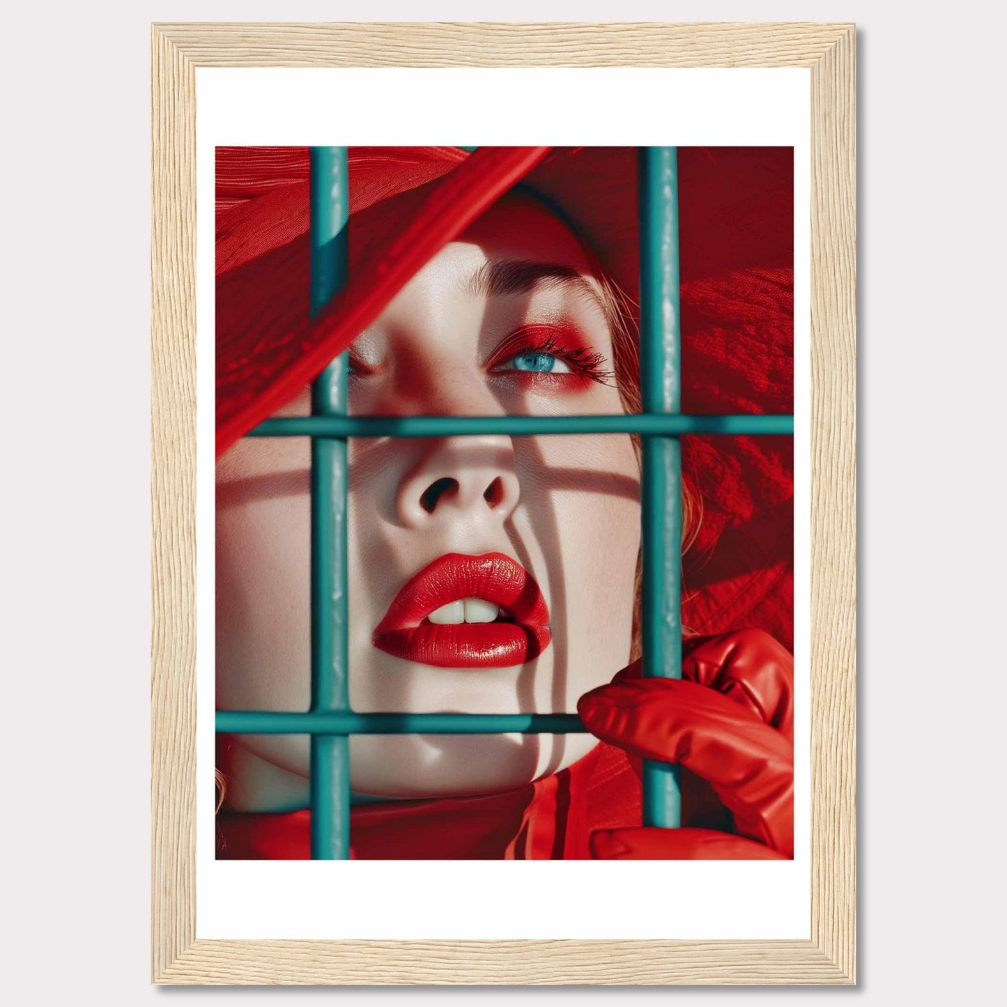 This striking portrait captures a close-up of a woman's face, emphasizing her vibrant red lips and eye makeup. She is framed behind teal bars, adding a sense of intrigue and contrast to the image. The vivid red hat and gloves complement her makeup, creating a bold and captivating visual. This artwork evokes a sense of mystery and allure.