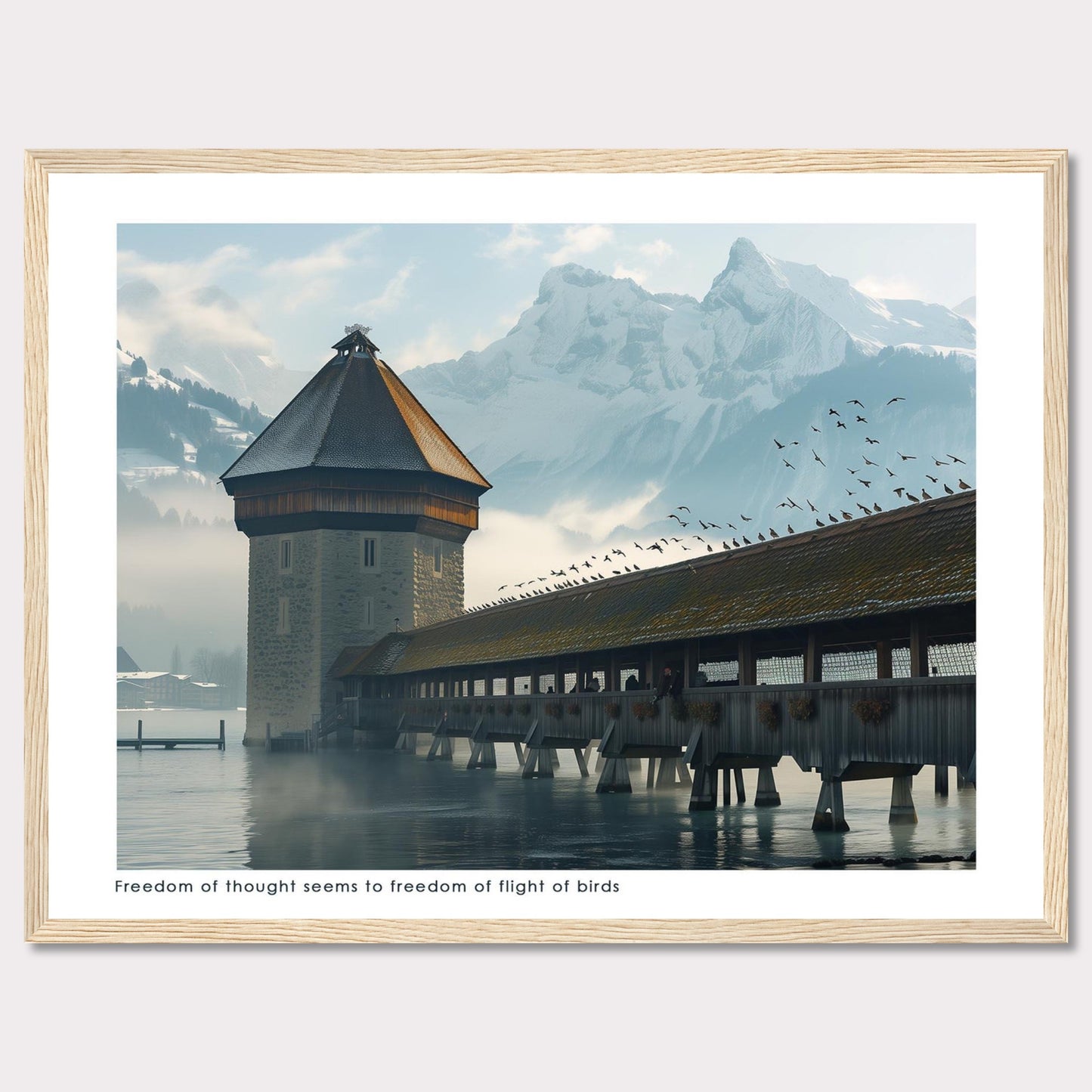 This captivating photo showcases a serene scene featuring a historic tower and a covered wooden bridge over calm waters, with majestic snow-capped mountains in the background. A flock of birds is seen soaring freely in the sky, adding a sense of movement and freedom to the tranquil setting.