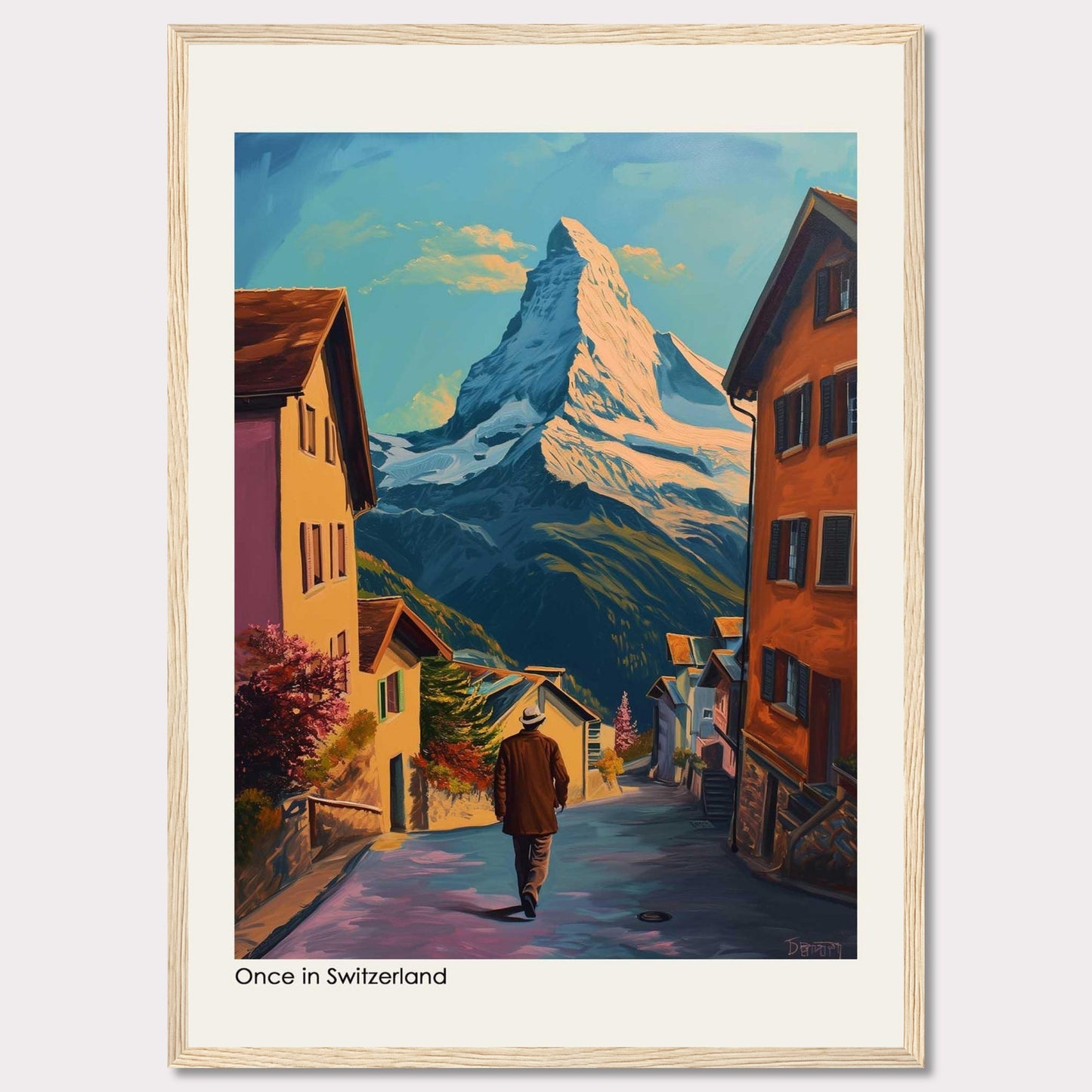 This beautiful painting captures a serene Swiss village with the majestic Matterhorn mountain in the background. The scene features charming houses, a lone figure walking down the street, vibrant foliage, and a clear blue sky.