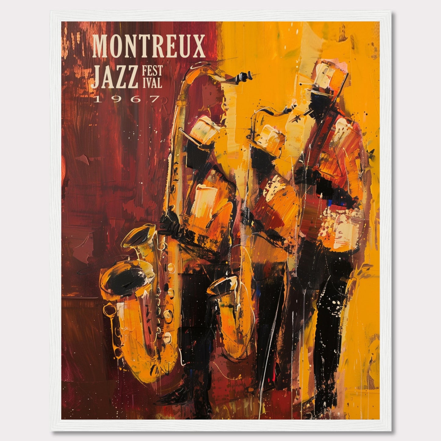 This vibrant art poster showcases the Montreux Jazz Festival from 1967. The artwork features an abstract depiction of three jazz musicians passionately playing their instruments, with rich hues of red, yellow, and orange capturing the dynamic energy of the performance.