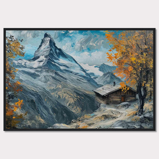 This stunning painting captures a serene mountain landscape with a quaint cabin nestled among the snow-covered peaks. The vibrant autumn foliage adds a splash of color against the majestic backdrop of towering mountains and a clear blue sky.