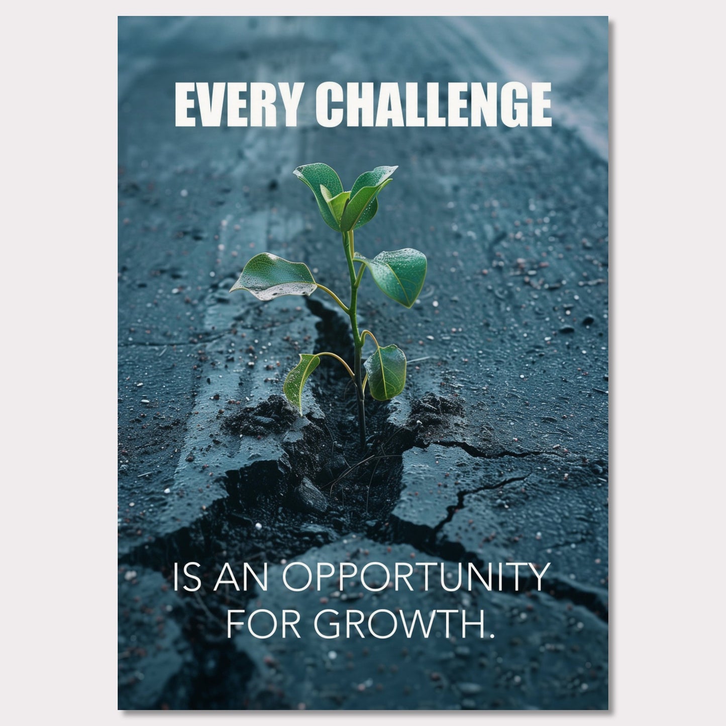 A motivational poster featuring a small green plant sprouting through a crack in the asphalt. The text on the poster reads "EVERY CHALLENGE IS AN OPPORTUNITY FOR GROWTH." The image symbolizes resilience and perseverance.