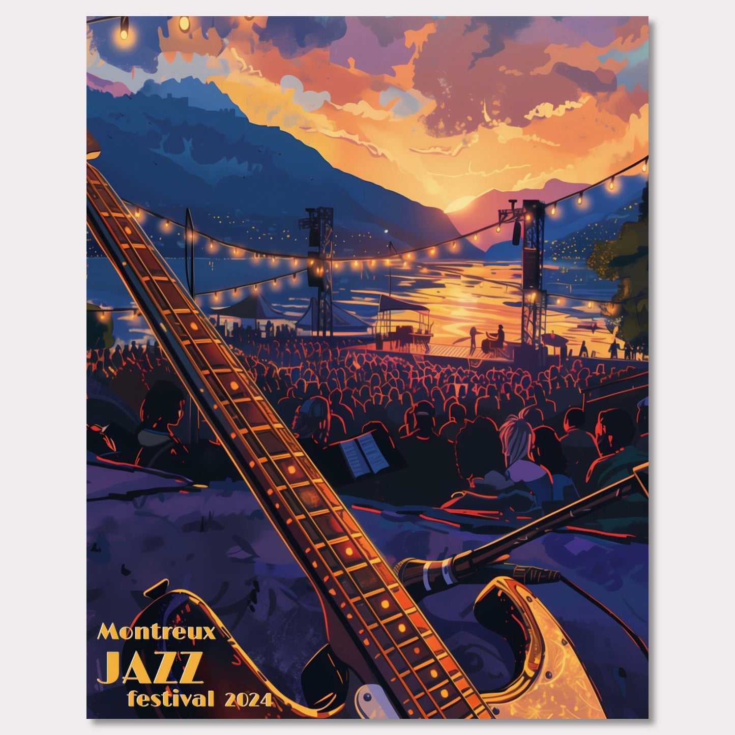 This vibrant poster captures the essence of the Montreux Jazz Festival 2024. Set against a breathtaking sunset over a serene lake, the scene is filled with an audience eagerly awaiting the performance. An electric guitar in the foreground hints at the musical magic to come, while string lights add a festive ambiance.