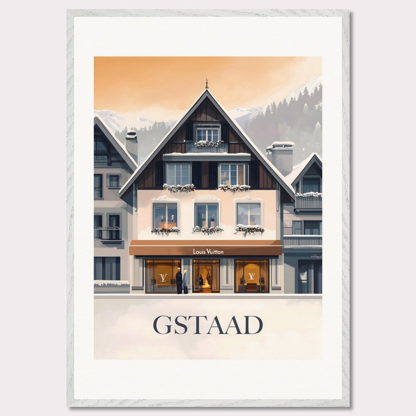 A chic and stylish poster showcasing a luxury boutique in Gstaad, framed by elegant alpine architecture. The blend of modern sophistication and traditional Swiss charm creates a timeless appeal.