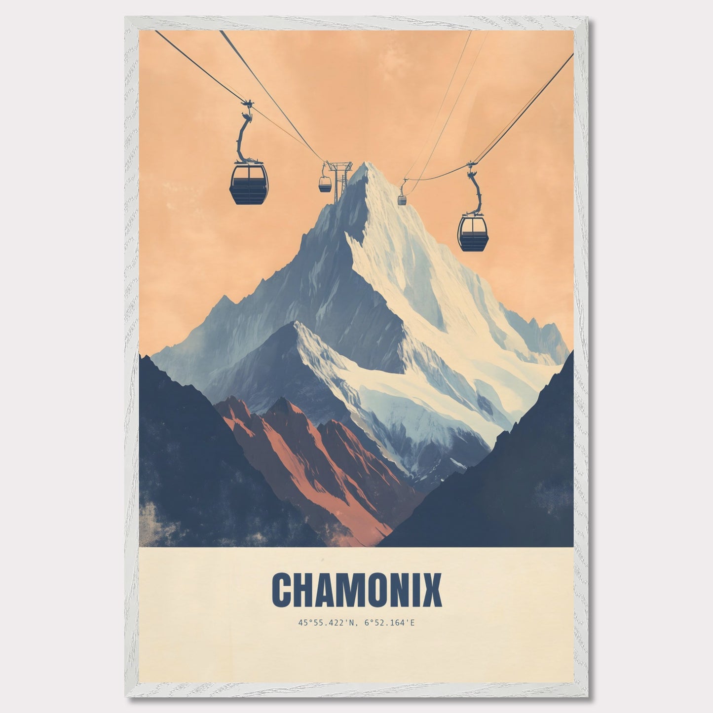 This striking poster showcases the dramatic ascent to Chamonix’s peaks, with cable cars stretching across the sky towards the snow-covered mountains. The bold contrasts between deep shadows and glowing light create an atmosphere of adventure and grandeur.