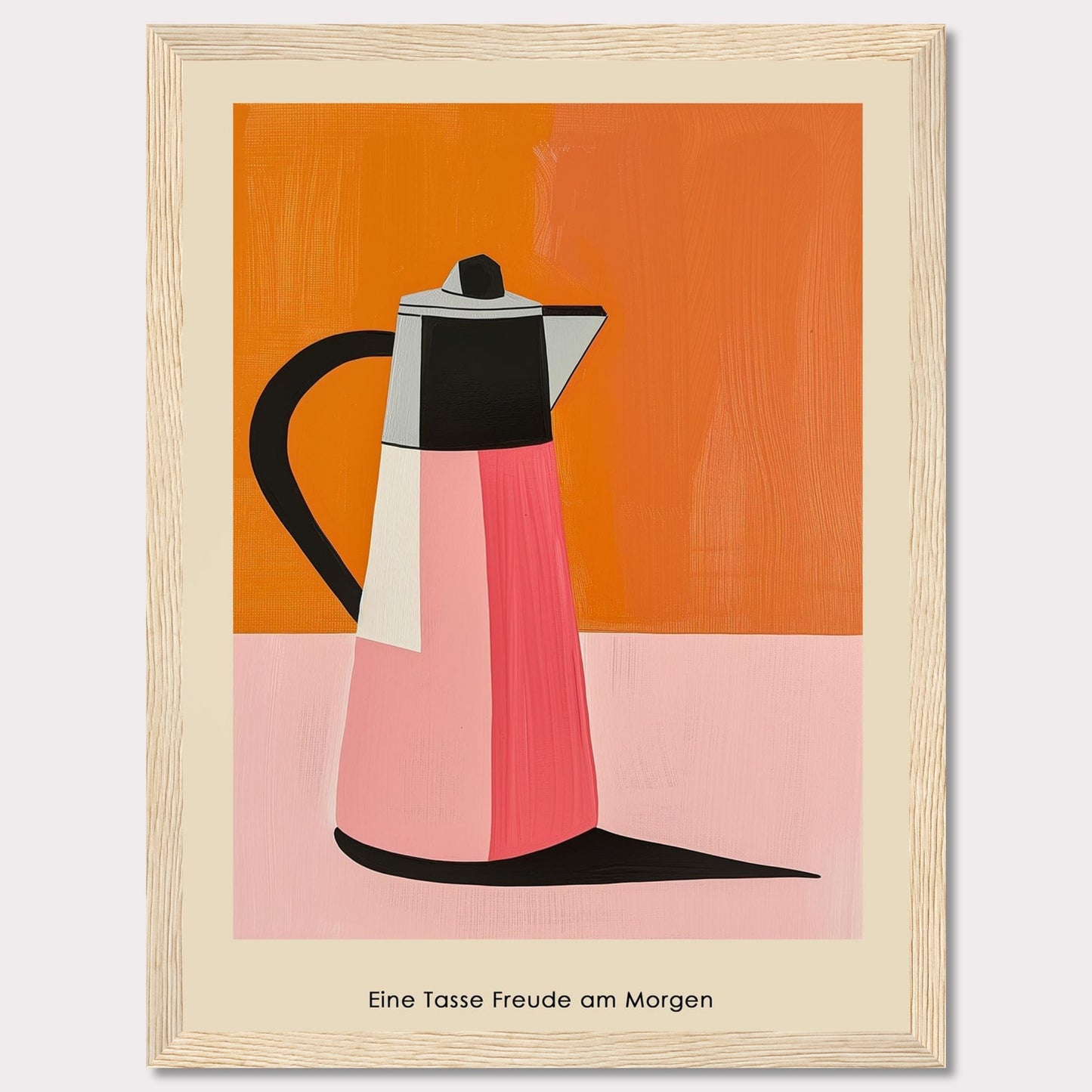 This image features a vibrant, modern art depiction of a coffee pot against a bold orange and pink background.