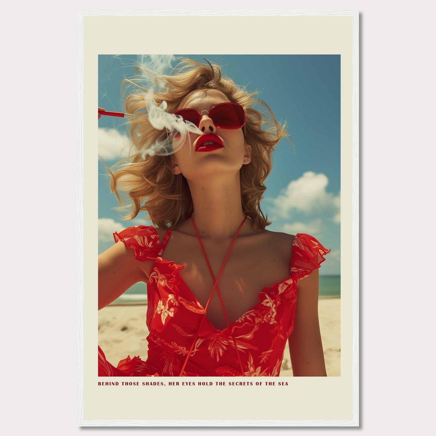 This striking image features a woman in a vibrant red dress and matching sunglasses, exuding confidence and mystery. The ocean and sky form the serene backdrop, while smoke adds an air of intrigue. The caption reads, "BEHIND THOSE SHADES, HER EYES HOLD THE SECRETS OF THE SEA."