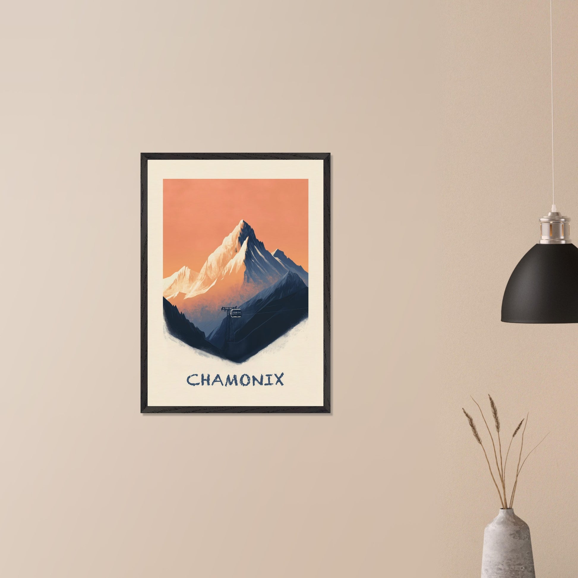 This breathtaking poster captures the rugged majesty of Chamonix, with the towering snow-capped peaks set against a warm, pastel sky. A cable car ascends through the mist, symbolizing adventure, exploration, and the timeless allure of the Alps.