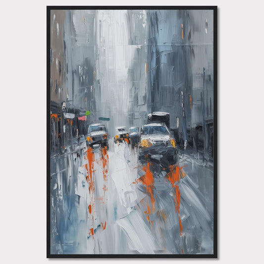 This captivating painting portrays a rainy city street with cars and buildings enveloped in a misty atmosphere. The artist uses bold brushstrokes and a muted color palette with pops of orange to depict the bustling urban scene.