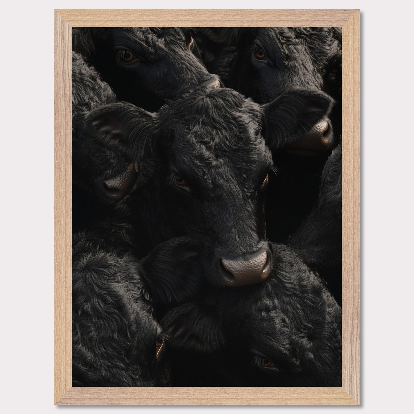 This captivating artwork features a close-up view of several black cows, their faces and textures intricately detailed. The image exudes a sense of unity and calmness among the animals.