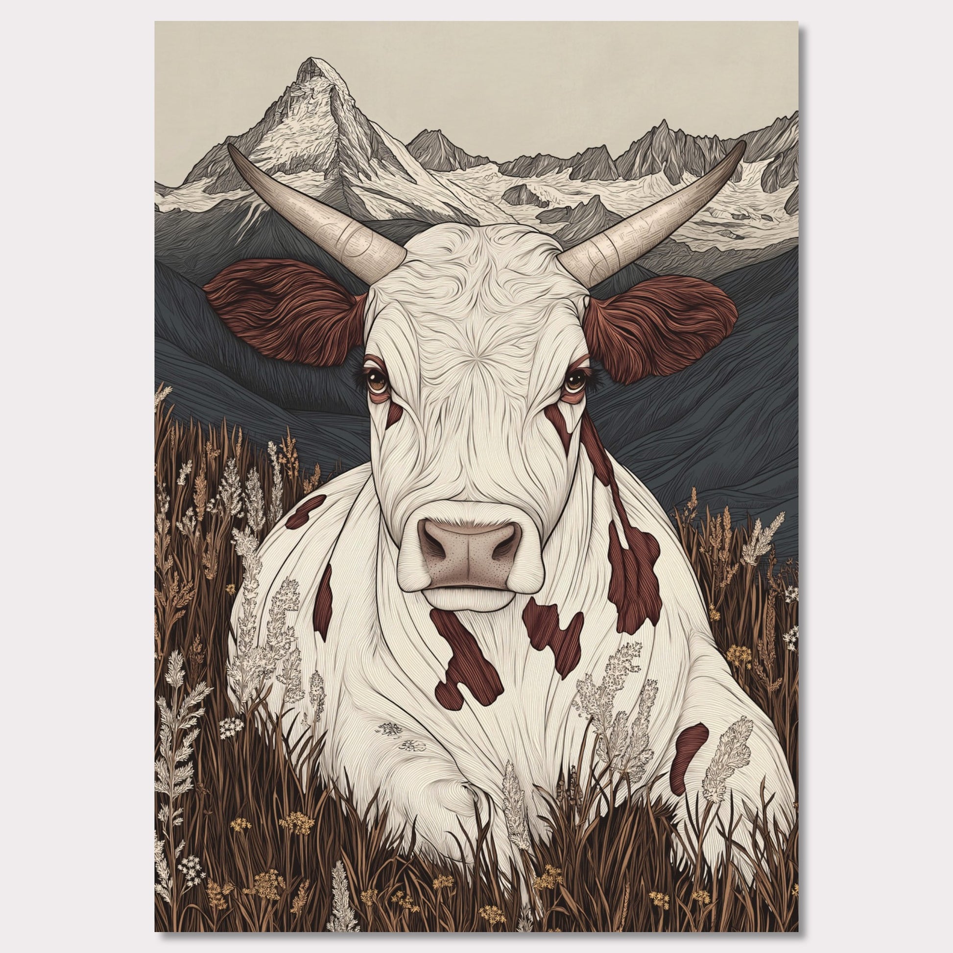 This beautifully detailed poster portrays a tranquil scene of alpine life with a focus on the harmonious connection between nature and animals. A striking cow with intricate features gazes directly at the viewer, creating a sense of intimacy, while the majestic Matterhorn looms in the background. The combination of soft earth tones and delicate linework evokes a rustic yet modern aesthetic.