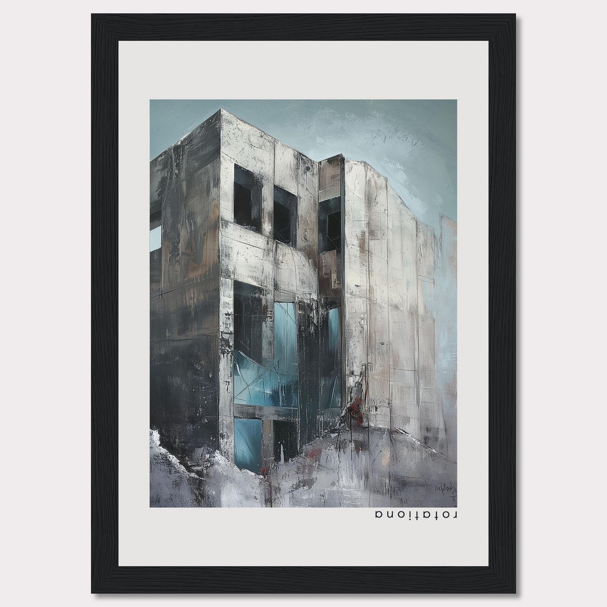 This striking artwork captures a modern, abstract building with a raw and industrial aesthetic. The painting features a weathered facade with large, dark windows, and a mix of cool and neutral tones that evoke a sense of mystery and intrigue.