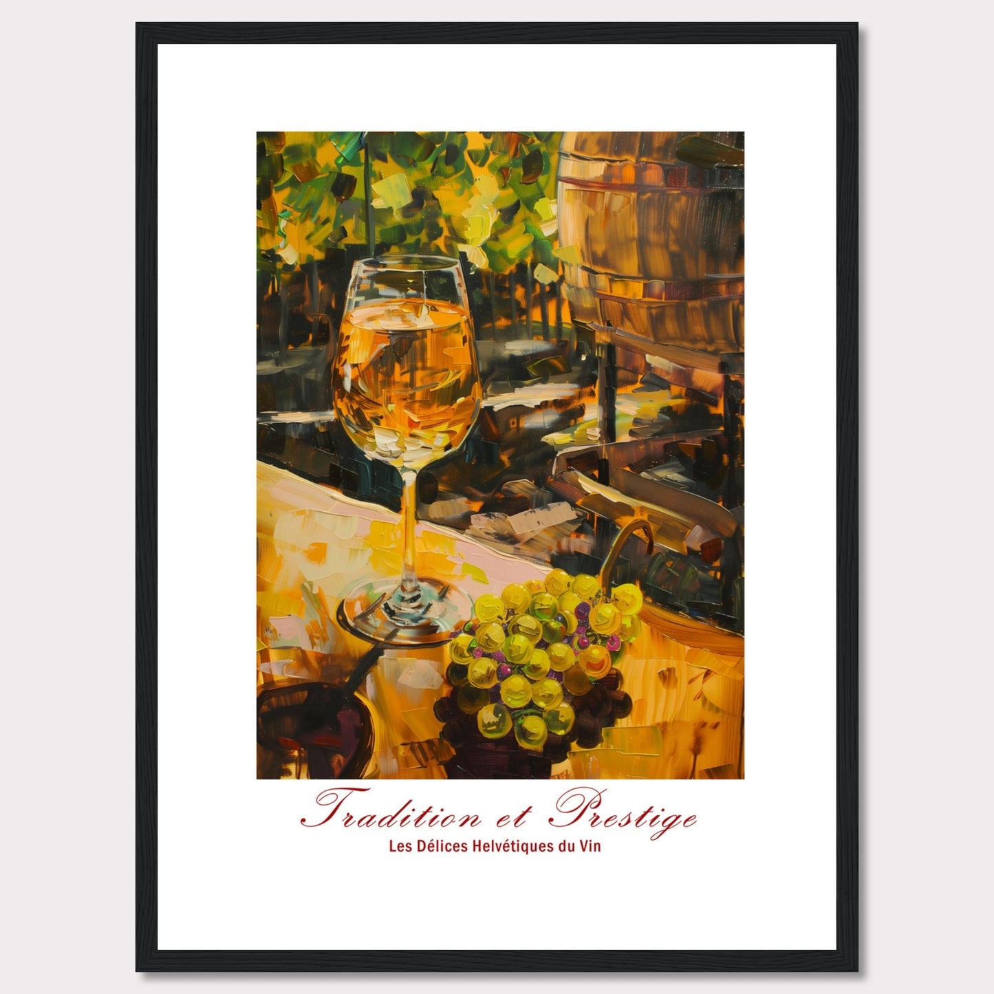 This image showcases a beautifully painted scene of a wine glass filled with white wine, set against a backdrop of a vineyard. The painting captures the essence of tradition and prestige in winemaking.