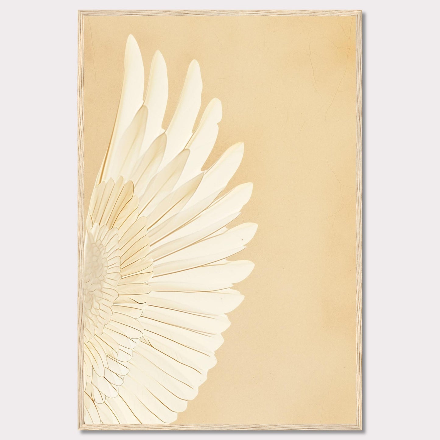 This elegant wall art features a detailed depiction of a white feathered wing against a soft beige background. The minimalist design and neutral tones make it a versatile piece for any room.