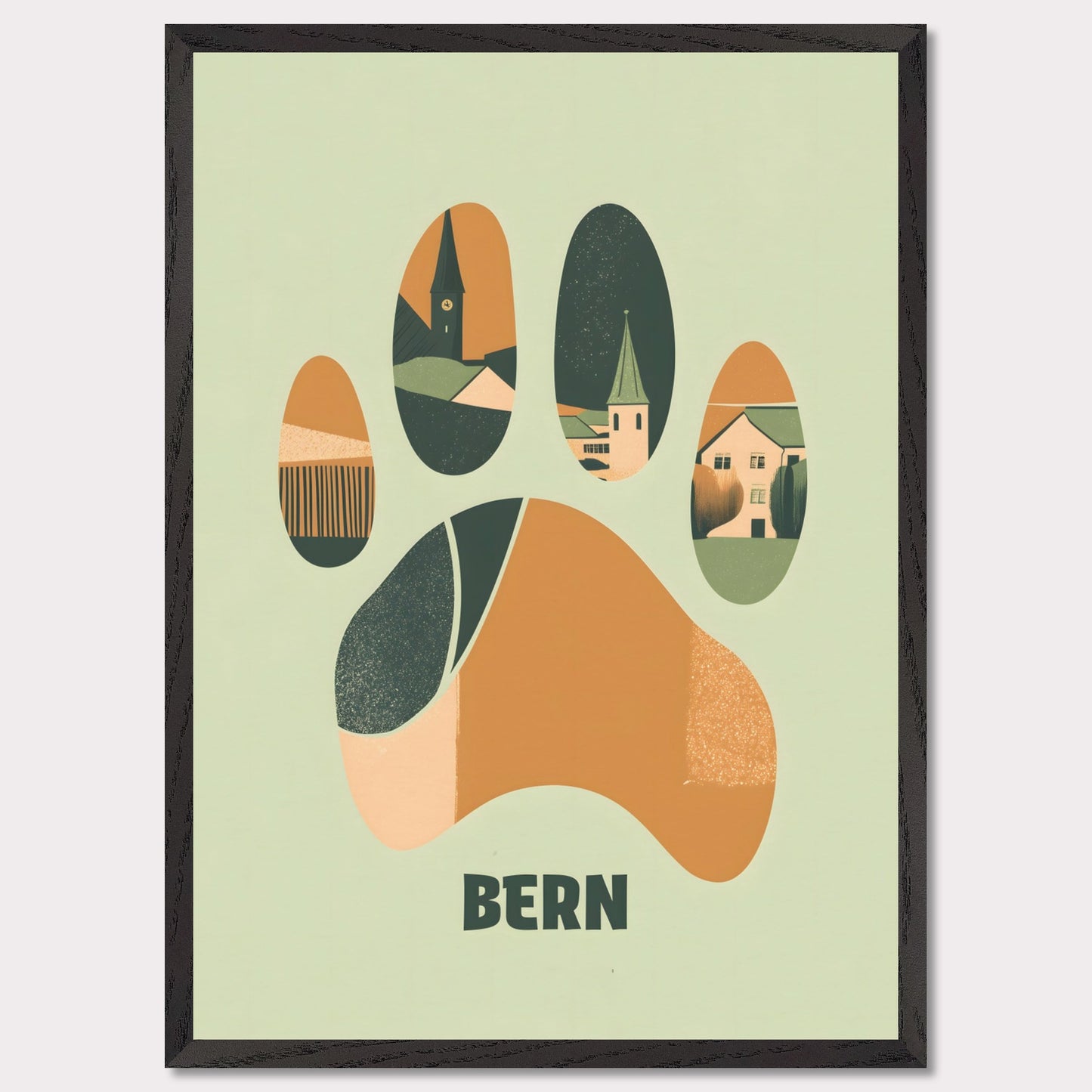 This unique poster blends the charm of Bern’s architecture with the city’s symbolic bear in an abstract, paw-print design. The warm earth tones and clean lines create a harmonious balance between modern minimalism and historical elements.