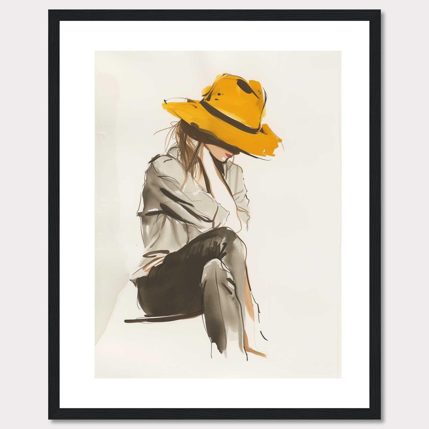 This artwork features a stylish illustration of a person wearing a large, vibrant yellow hat. The figure is seated, with their head slightly bowed, creating a sense of introspection and calm. The use of muted tones for the clothing contrasts beautifully with the boldness of the hat, making it the focal point of the piece. The minimalist background allows the viewer to fully appreciate the elegance and simplicity of the design.