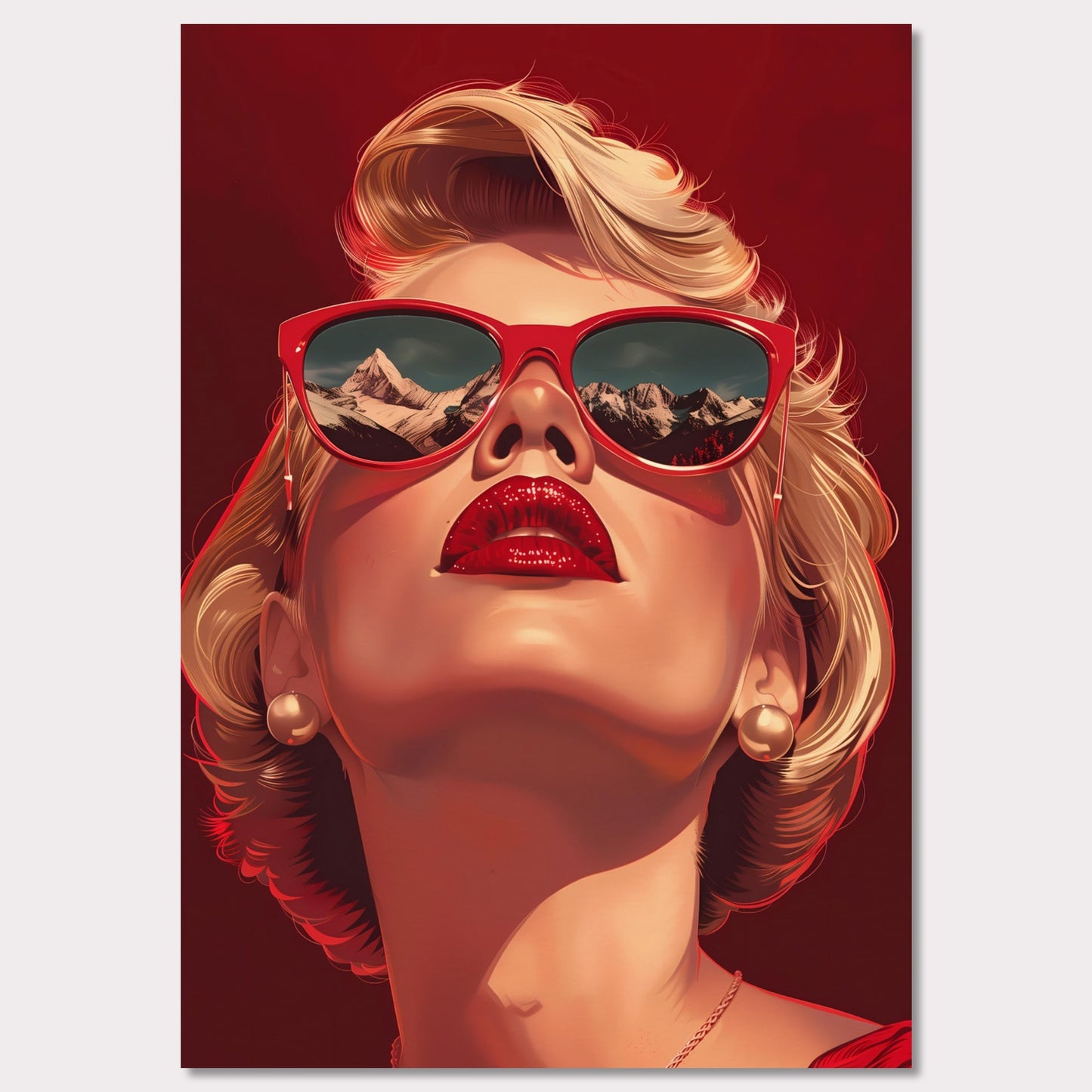 This striking artwork features a glamorous woman with blonde hair, wearing bold red sunglasses that reflect a stunning mountain landscape. Her vibrant red lips and pearl earrings add to the sophisticated and stylish aura of the piece.