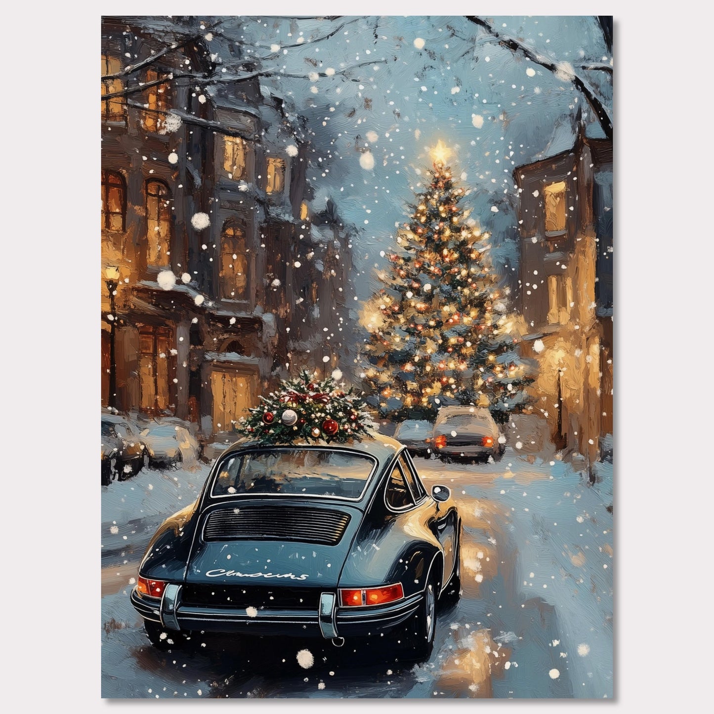 This enchanting poster portrays a snowy Swiss street with a beautifully adorned vintage car carrying a Christmas tree. The softly glowing lights and festive decorations create an atmosphere of joyous holiday anticipation. The combination of timeless cars and seasonal spirit brings a unique charm to this holiday scene.