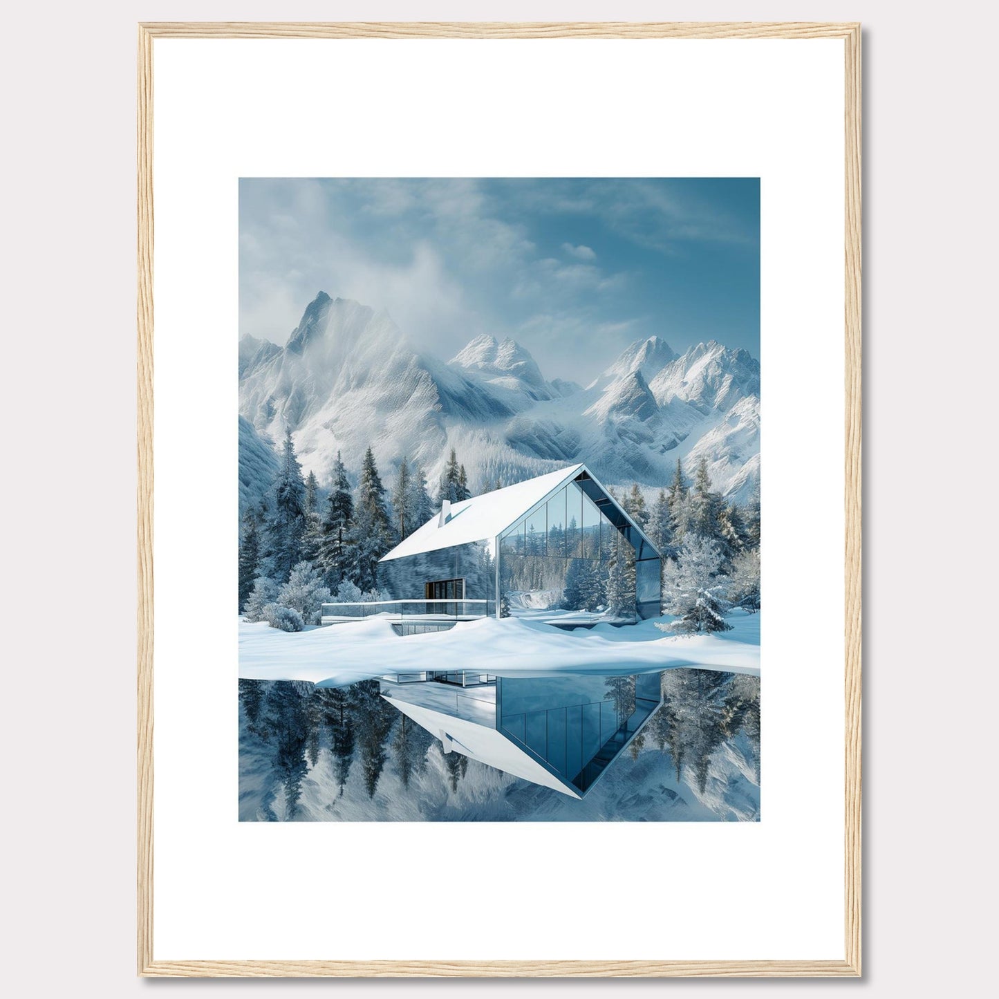 This stunning image showcases a modern glass house nestled in a serene snowy landscape, with majestic mountains in the background. The reflection of the house and trees on the calm water adds to the tranquil ambiance.