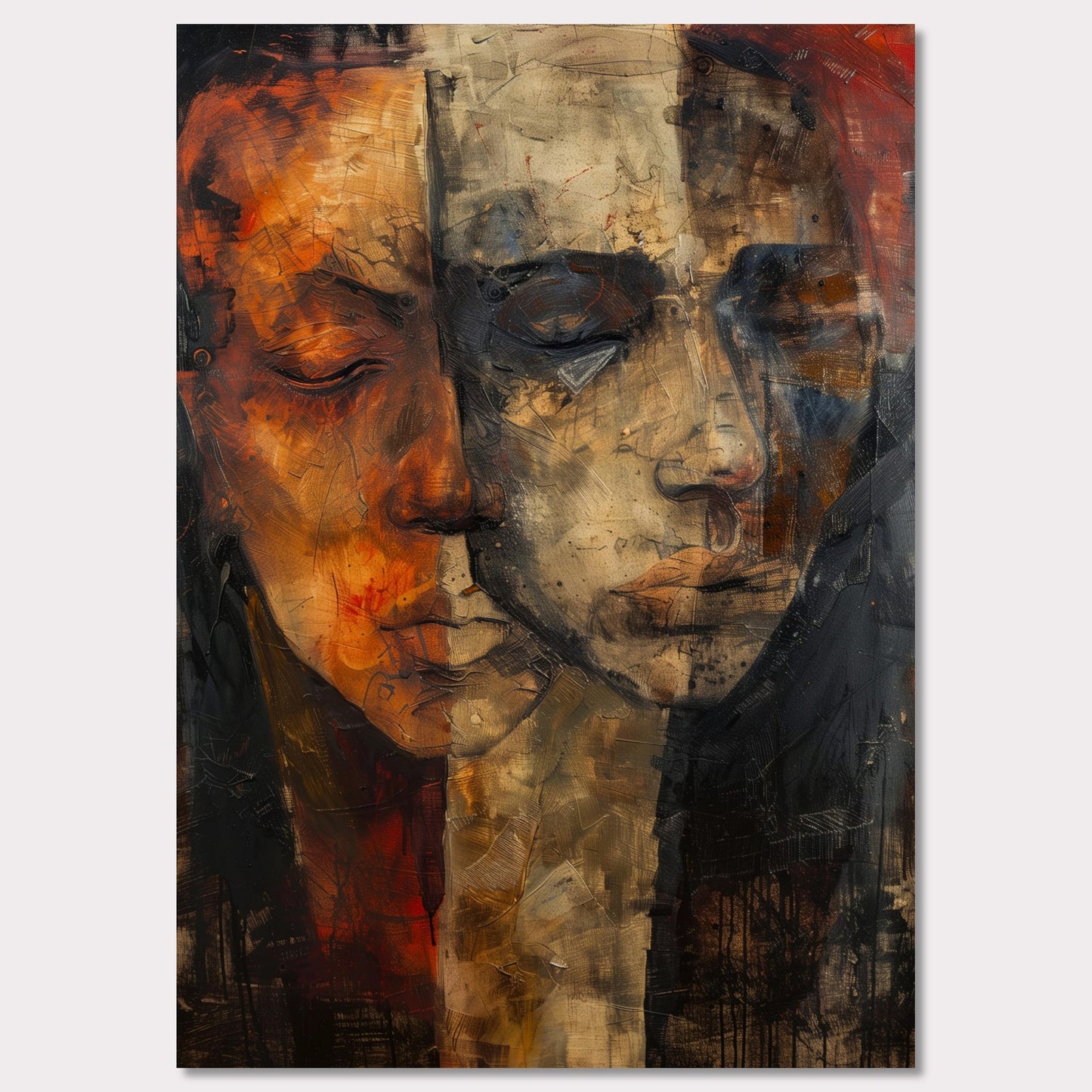 This captivating artwork features two abstract faces, blending seamlessly into one another. The painting is rich in texture and color, with a striking contrast between warm and cool tones. The faces appear to be in deep contemplation, evoking a sense of introspection and connection.