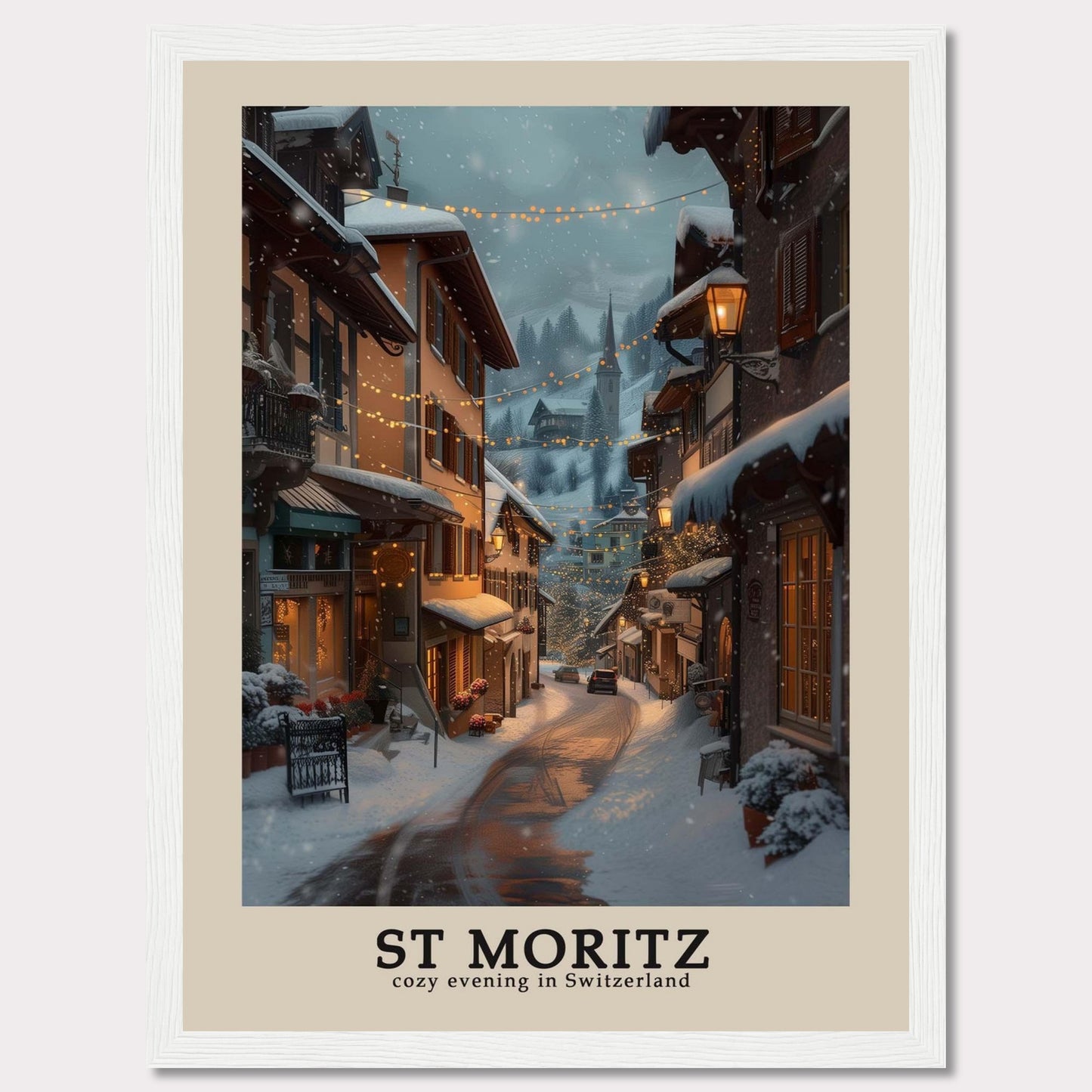 This photo showcases a charming winter evening in St. Moritz, Switzerland. The scene features snow-covered streets adorned with warm, glowing lights, quaint buildings with festive decorations, and a serene, picturesque ambiance.