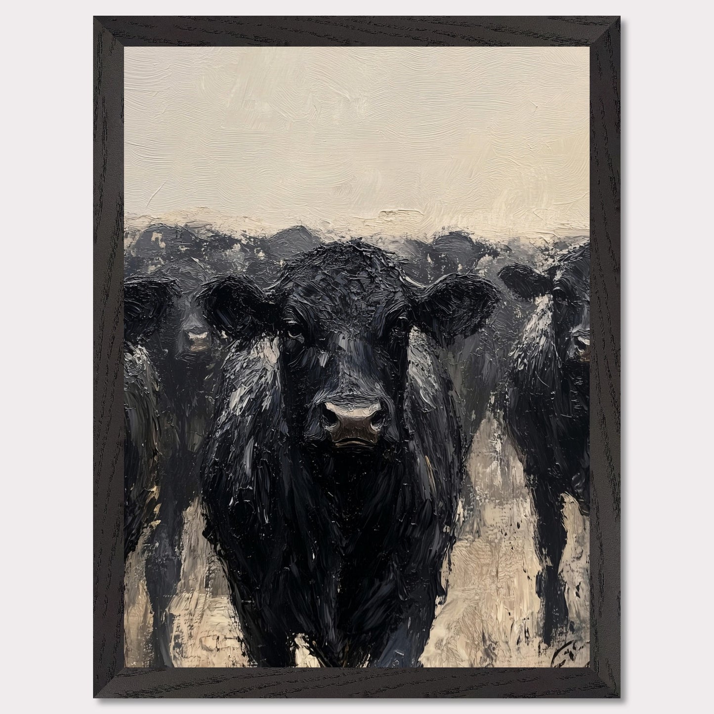 This striking painting captures the intense gaze of a black cow, surrounded by its herd. The textured brushstrokes and muted color palette create a powerful and captivating image.