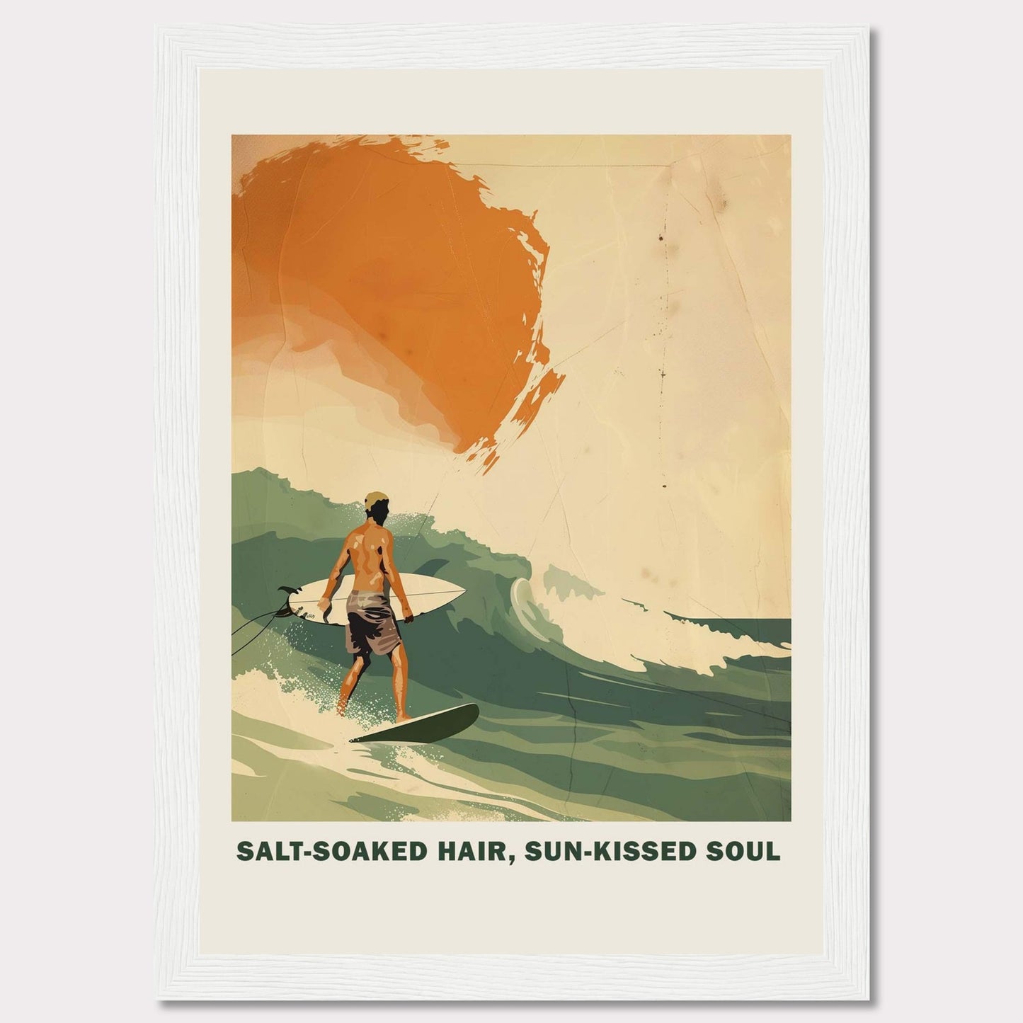 This vibrant poster showcases a surfer riding a wave with the sun setting in the background. 