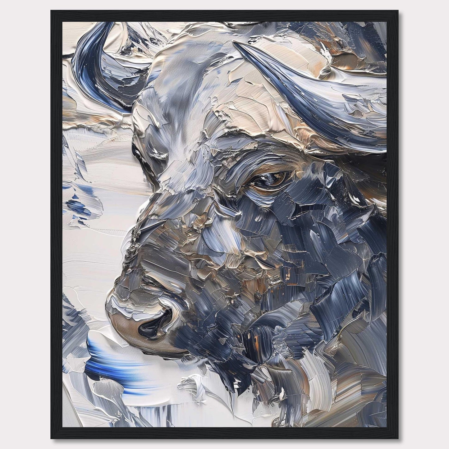 This stunning artwork captures the powerful essence of a bull through bold, textured brushstrokes. The painting's rich, earthy tones and dynamic use of color create a sense of strength and majesty.