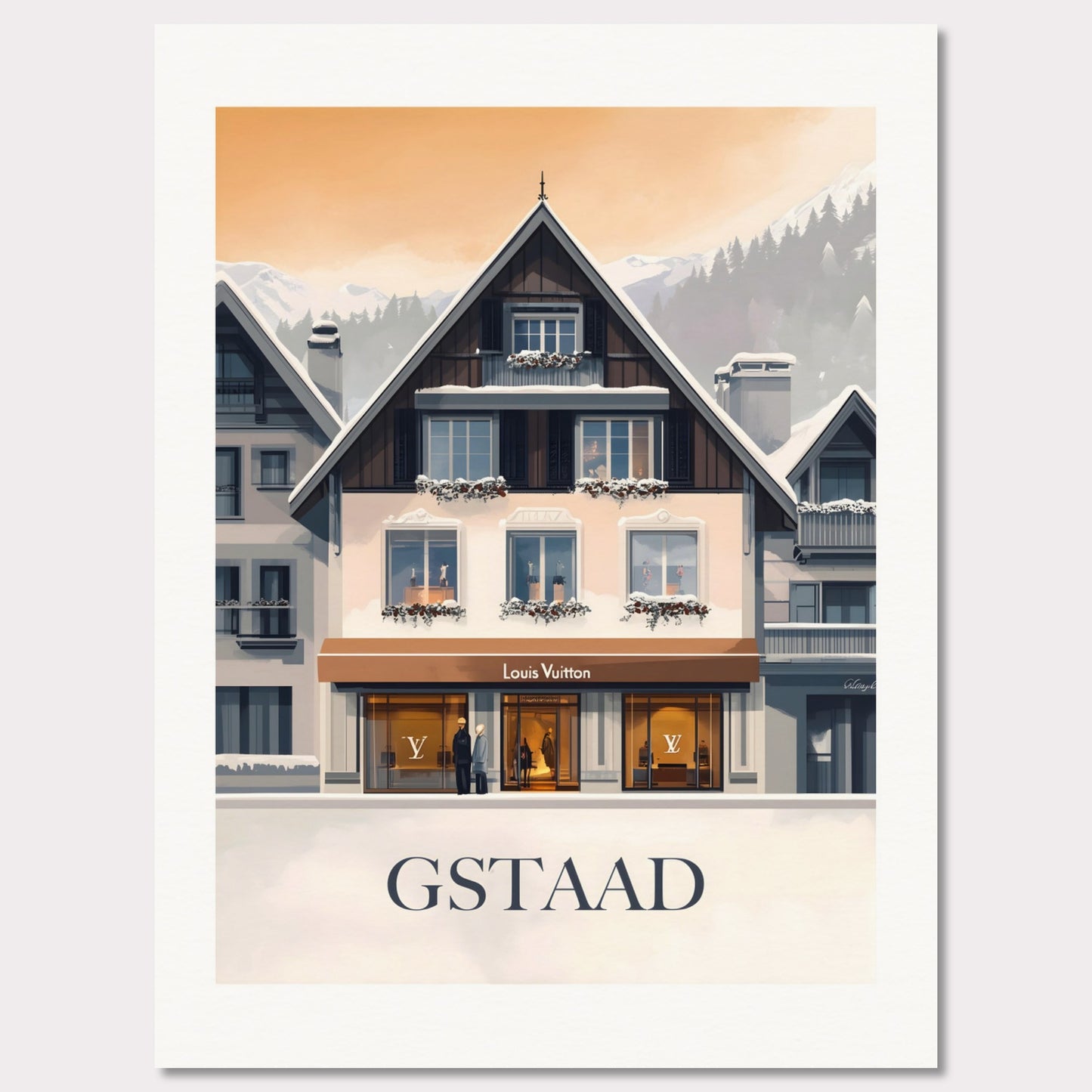 A chic and stylish poster showcasing a luxury boutique in Gstaad, framed by elegant alpine architecture. The blend of modern sophistication and traditional Swiss charm creates a timeless appeal.