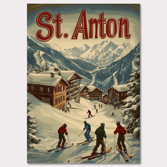 This stunning vintage-inspired poster depicts the idyllic town of St. Anton nestled beneath towering snow-capped peaks. The ski slopes are alive with activity, with skiers descending toward the charming wooden chalets. The warm hues in the sky add a sense of tranquility to the winter landscape, while the retro typography and art style transport the viewer to a time when winter holidays in the Alps were the height of elegance and adventure.