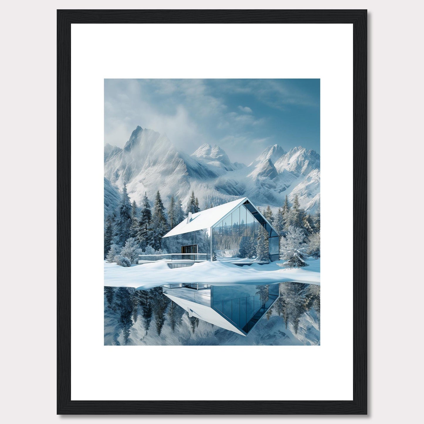 This stunning image showcases a modern glass house nestled in a serene snowy landscape, with majestic mountains in the background. The reflection of the house and trees on the calm water adds to the tranquil ambiance.