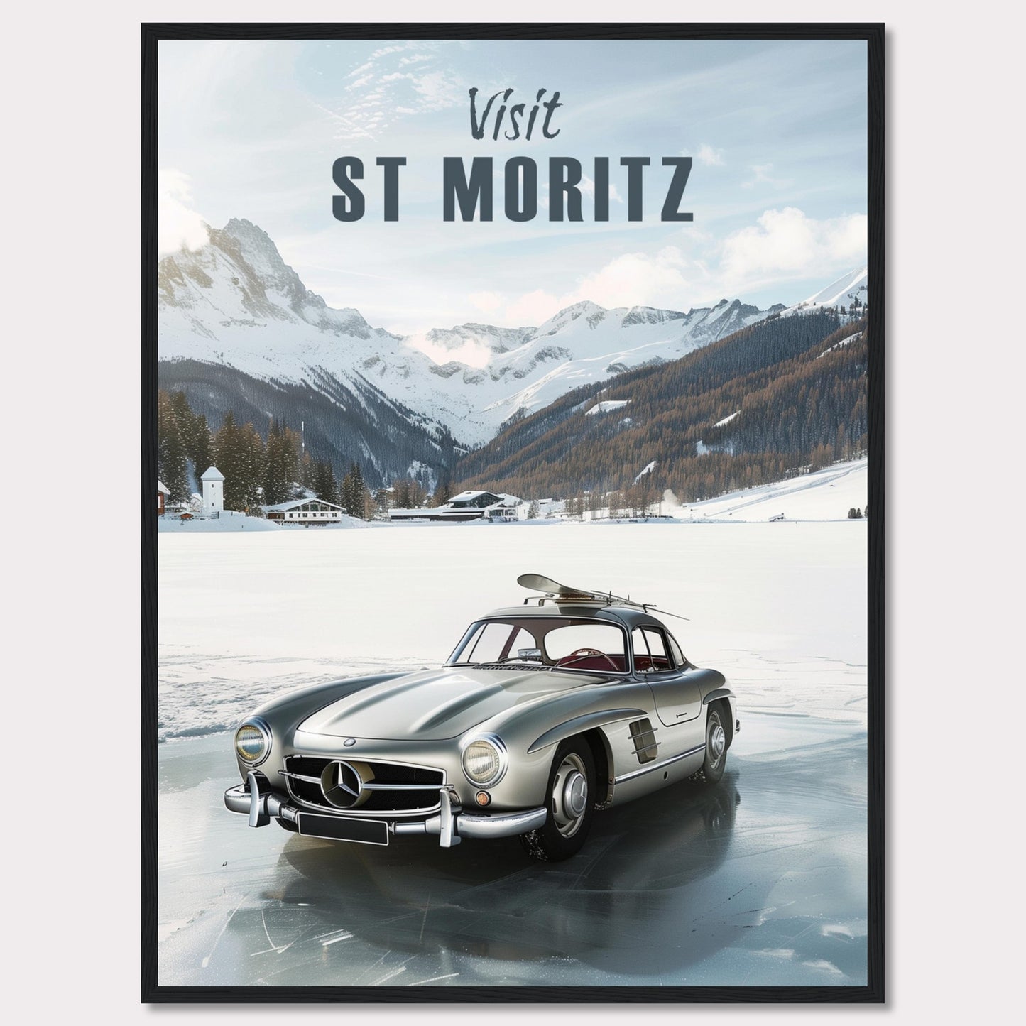 Discover the breathtaking beauty of St. Moritz with this stunning poster. Featuring a classic silver car parked on a frozen lake, surrounded by majestic snow-capped mountains and cozy alpine chalets.