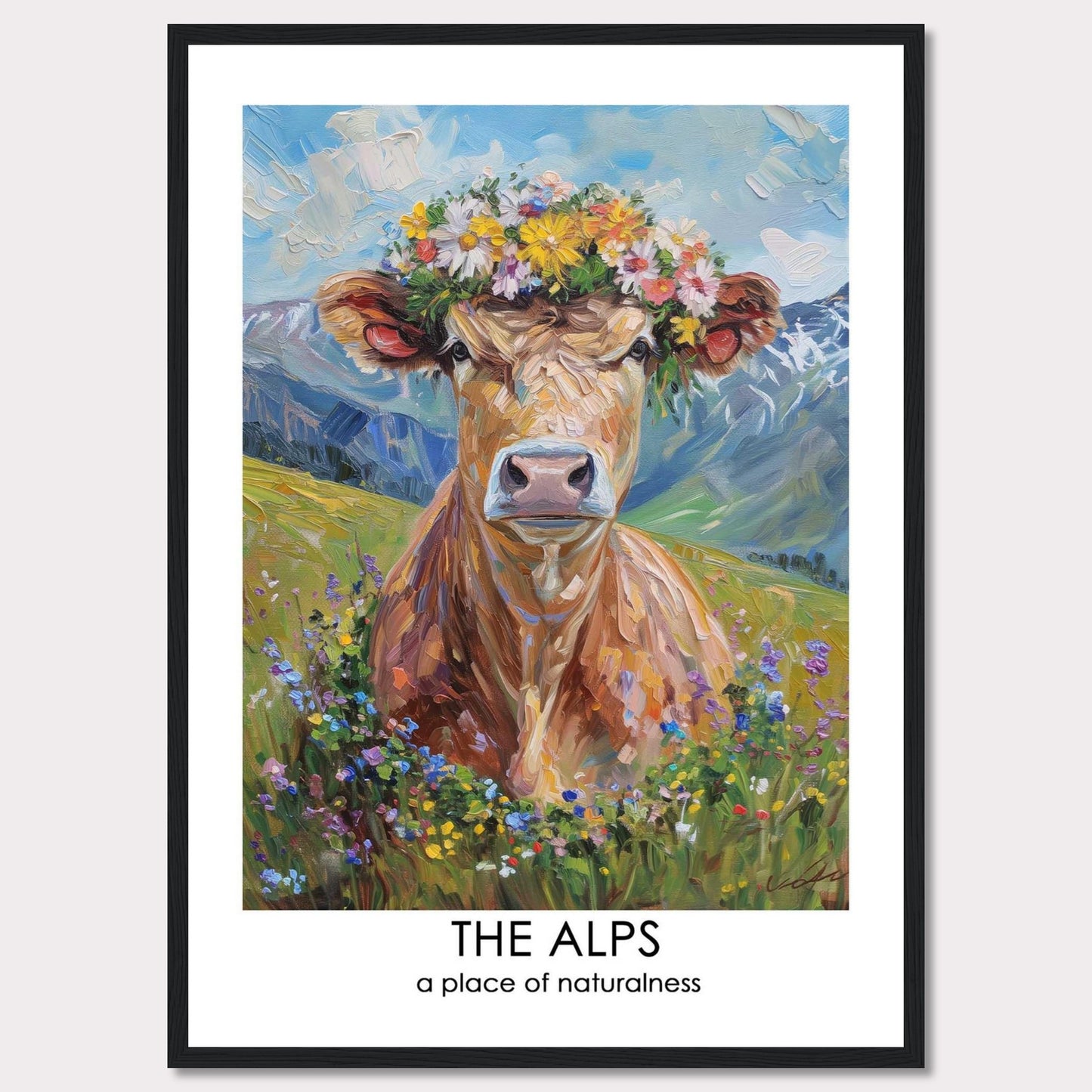 This vibrant artwork depicts a cow adorned with a colorful flower crown, set against the stunning backdrop of the Alps. The painting captures the essence of natural beauty and tranquility.