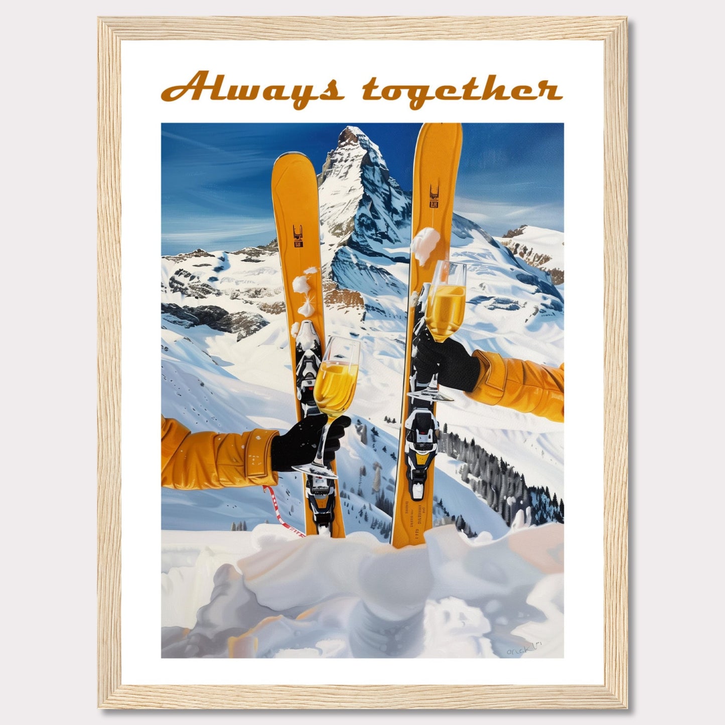 This image showcases a picturesque winter scene with two skiers celebrating on a snowy mountain. The central focus is on the skis and champagne glasses, symbolizing a joyous moment shared together.