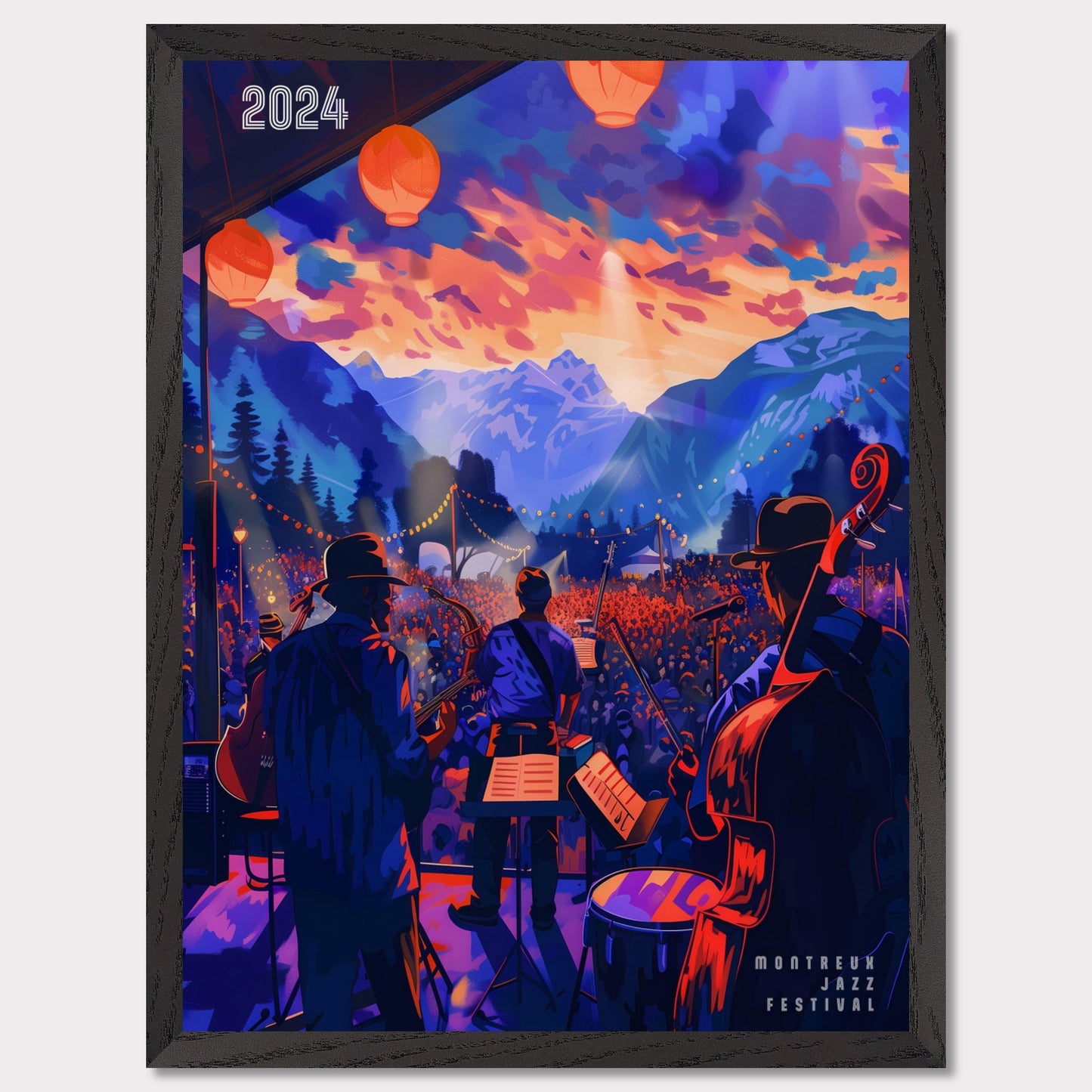 This vibrant poster depicts a lively jazz festival set against a stunning mountain backdrop. The scene is illuminated by colorful lanterns and features a band performing to a large, enthusiastic crowd. The sky is painted with dramatic hues of orange and purple, enhancing the festive atmosphere.