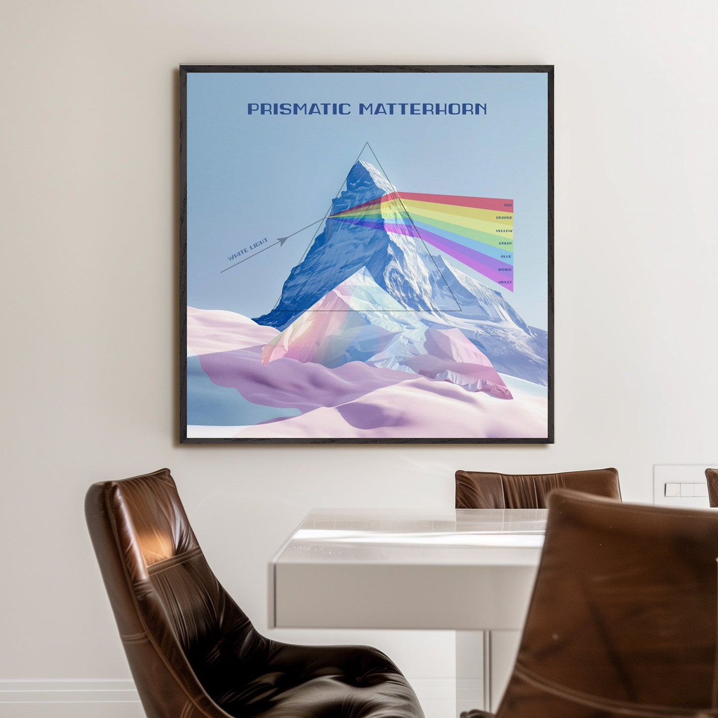 This image features a stunning illustration of the Matterhorn mountain with a prismatic effect. The mountain is depicted as a prism, dispersing white light into a spectrum of colors.