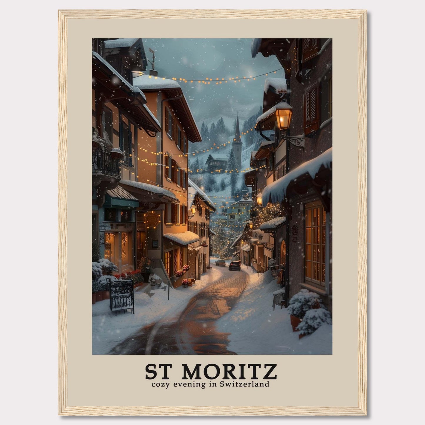 This photo showcases a charming winter evening in St. Moritz, Switzerland. The scene features snow-covered streets adorned with warm, glowing lights, quaint buildings with festive decorations, and a serene, picturesque ambiance.