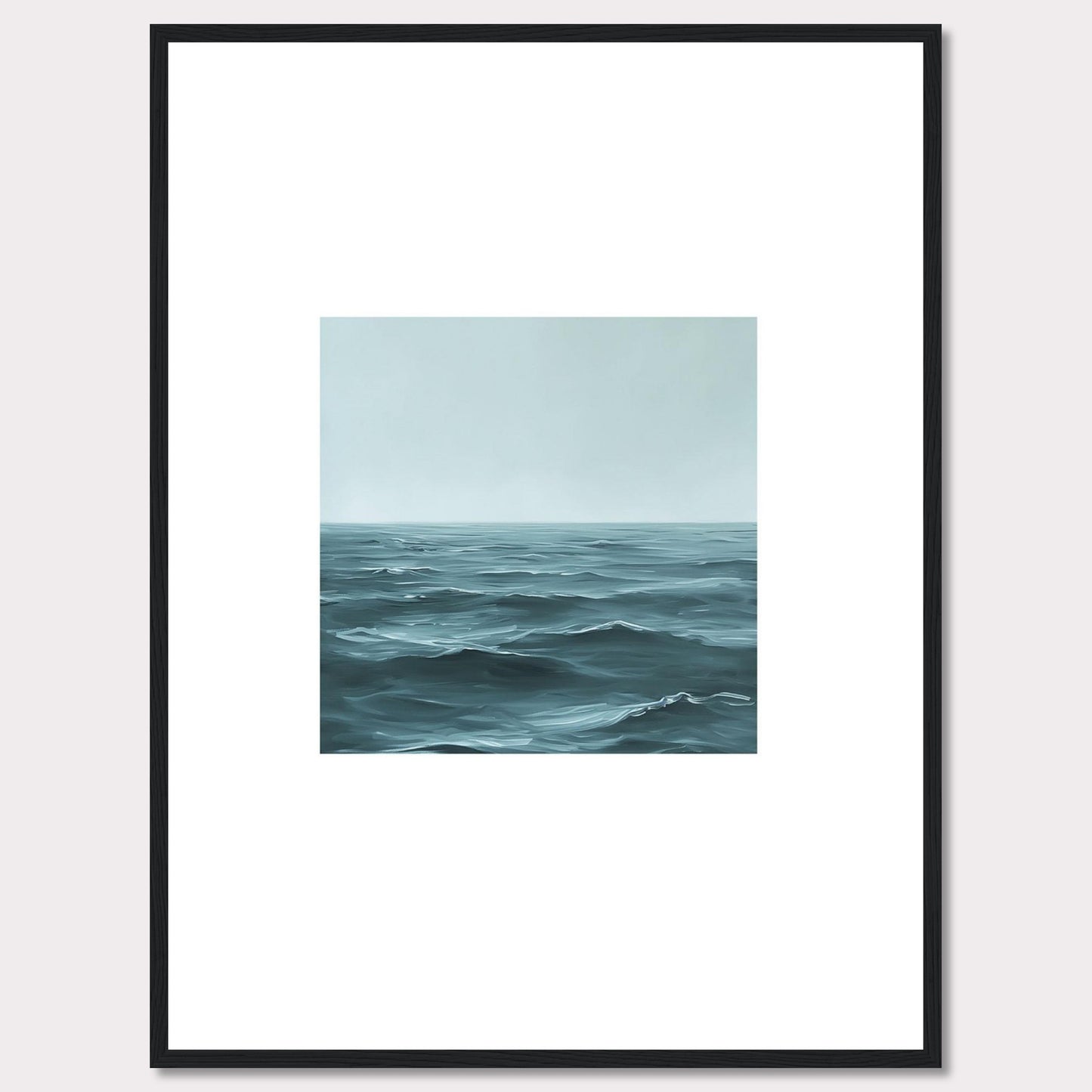 This serene artwork captures the vastness of the ocean, inviting a sense of calm and tranquility into any space. The painting features gentle waves under a soft, misty sky, framed elegantly in black.