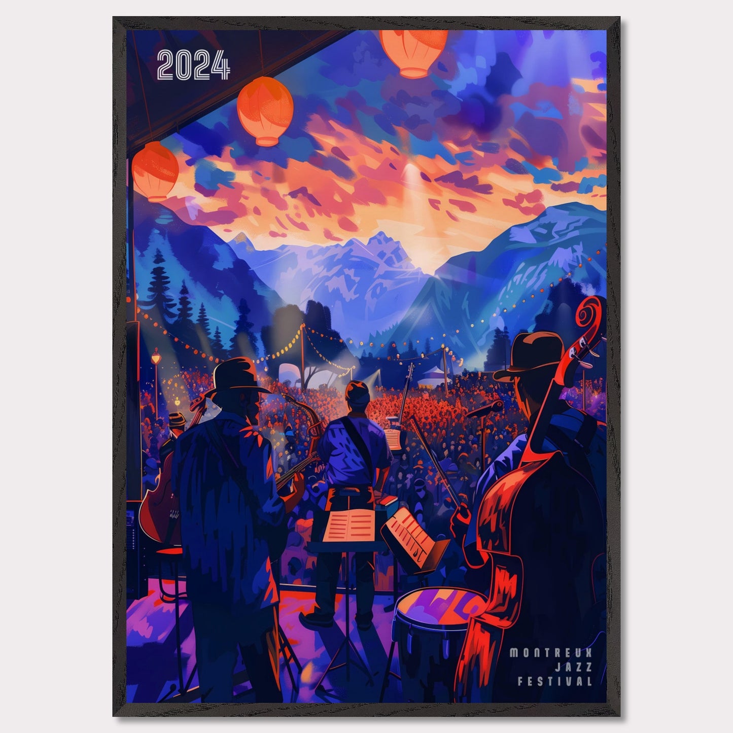 This vibrant poster depicts a lively jazz festival set against a stunning mountain backdrop. The scene is illuminated by colorful lanterns and features a band performing to a large, enthusiastic crowd. The sky is painted with dramatic hues of orange and purple, enhancing the festive atmosphere.