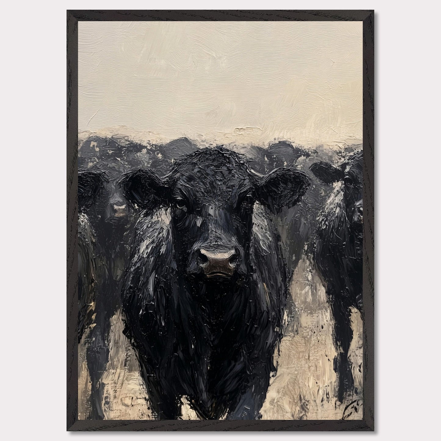 This striking painting captures the intense gaze of a black cow, surrounded by its herd. The textured brushstrokes and muted color palette create a powerful and captivating image.